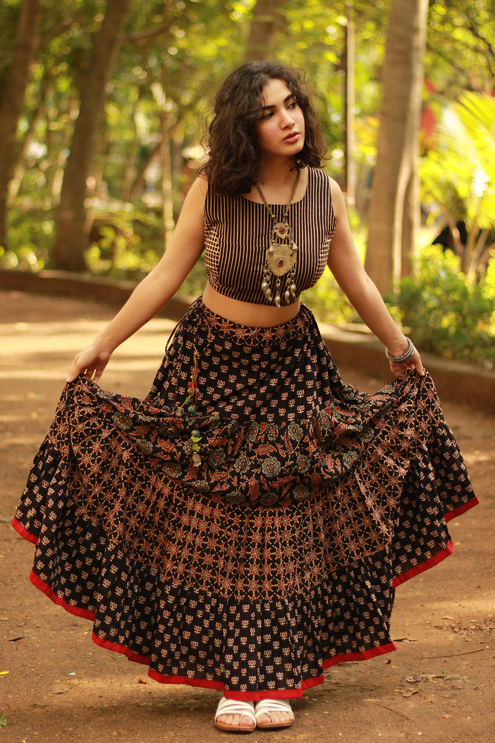 Ghumar | Tiered Long Skirt | Noir Ajrakh Medley