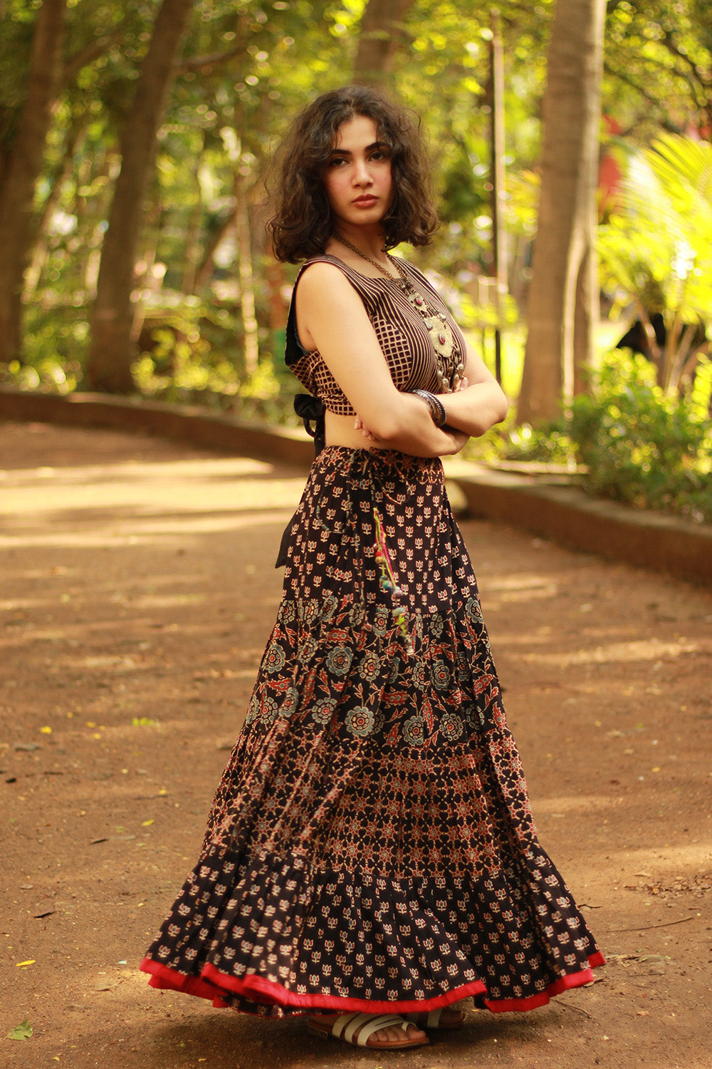 Ghumar | Tiered Long Skirt | Noir Ajrakh Medley