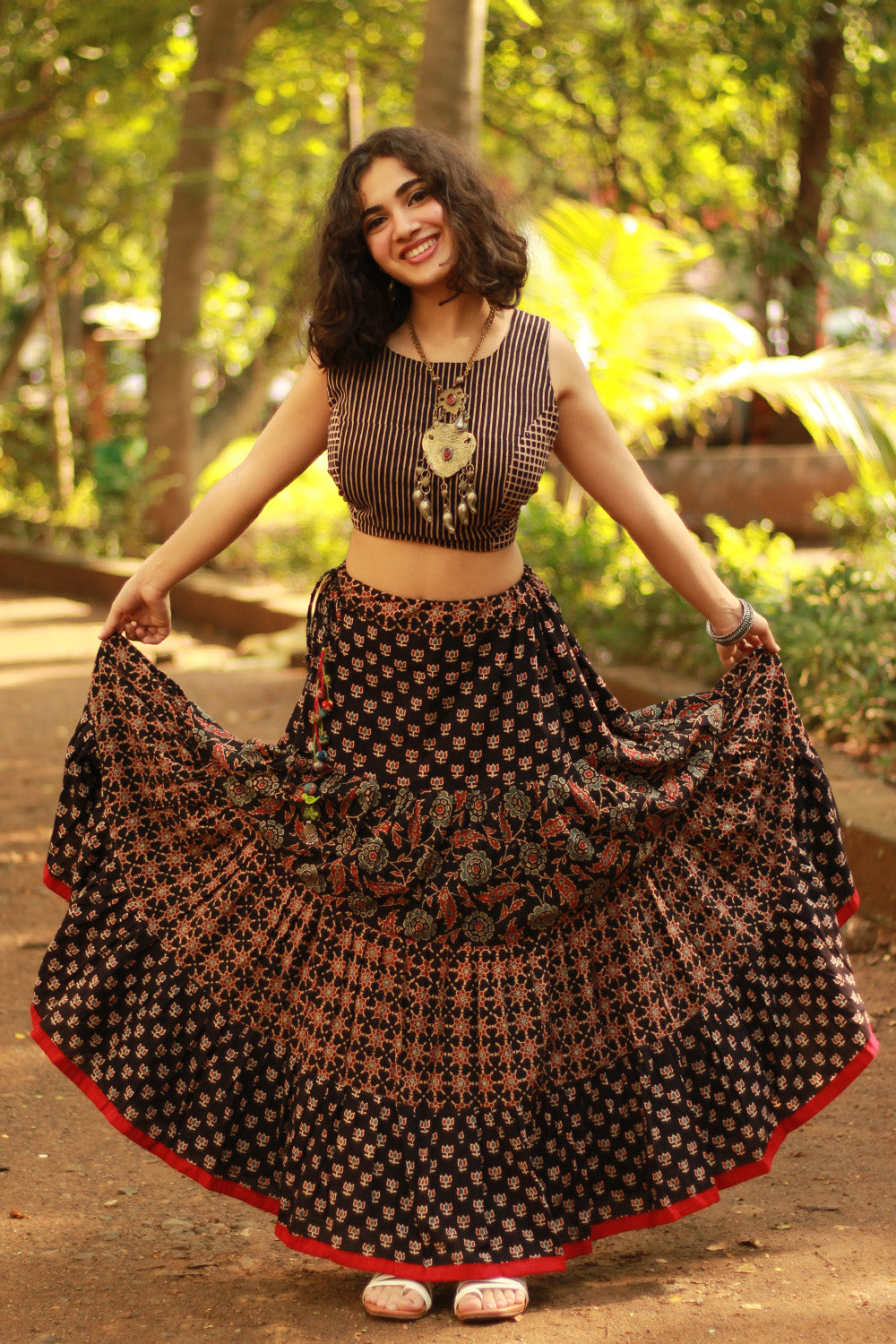 Ghumar | Tiered Long Skirt | Noir Ajrakh Medley