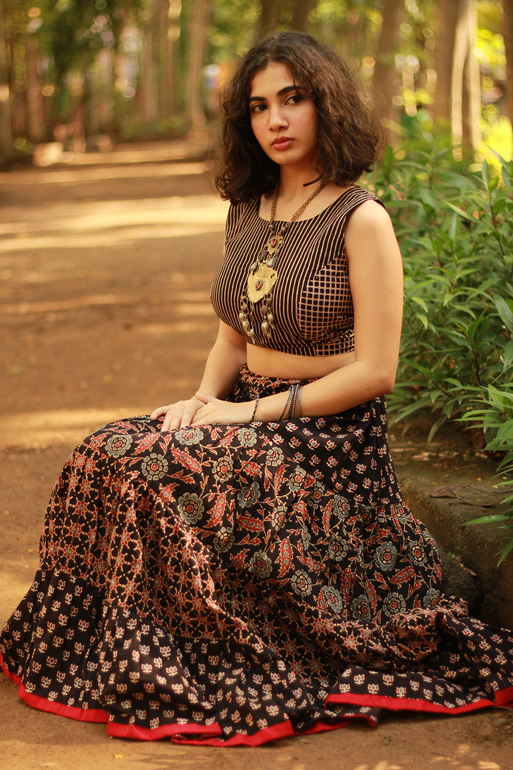 Ghumar | Tiered Long Skirt | Noir Ajrakh Medley