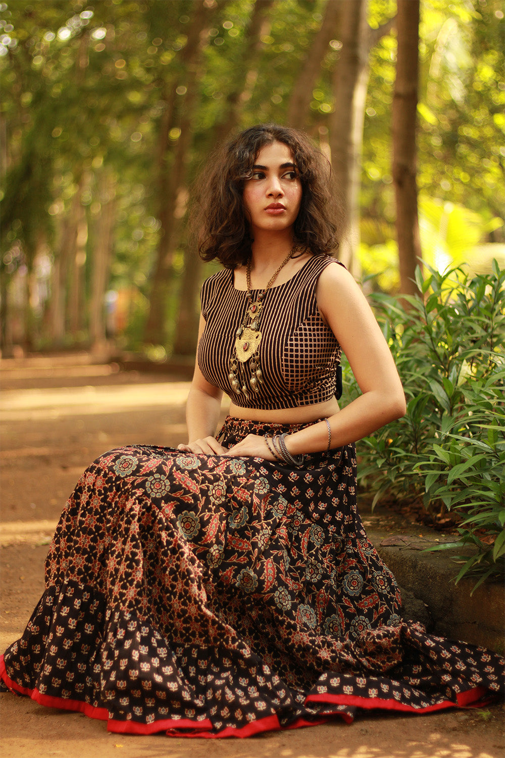 Ghumar | Tiered Long Skirt | Noir Ajrakh Medley