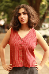 Dhaariyan | Front Buttoned Vest | Madder Stripes Ajrakh