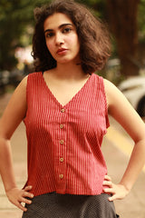 Dhaariyan | Front Buttoned Vest | Madder Stripes Ajrakh