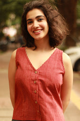 Dhaariyan | Front Buttoned Vest | Madder Stripes Ajrakh