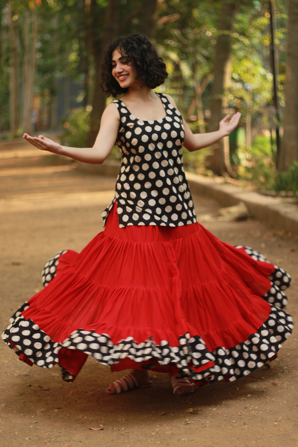 Ghumar | Tiered Long Skirt | Red with Noir Polka