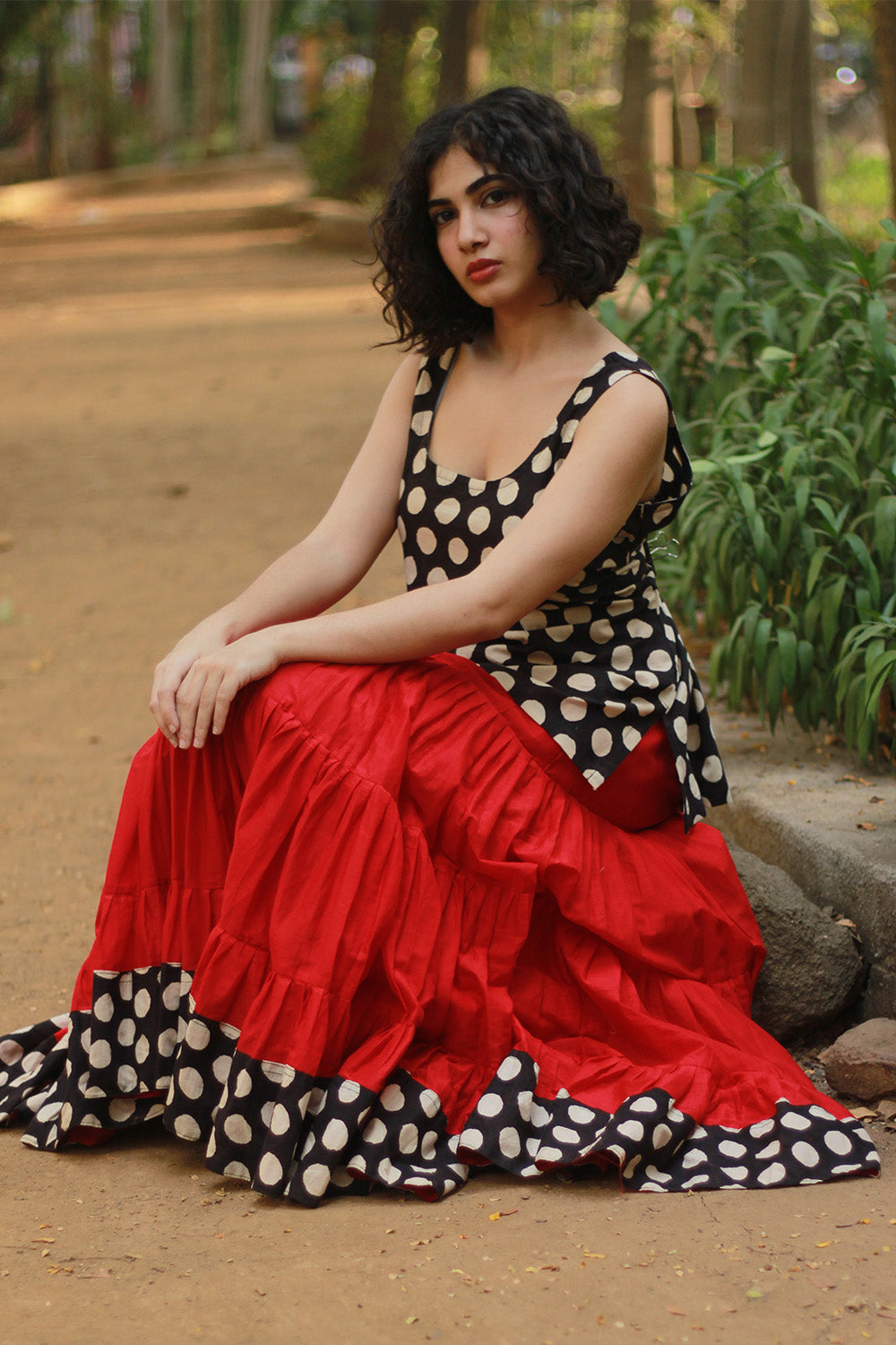 Ghumar | Tiered Long Skirt | Red with Noir Polka
