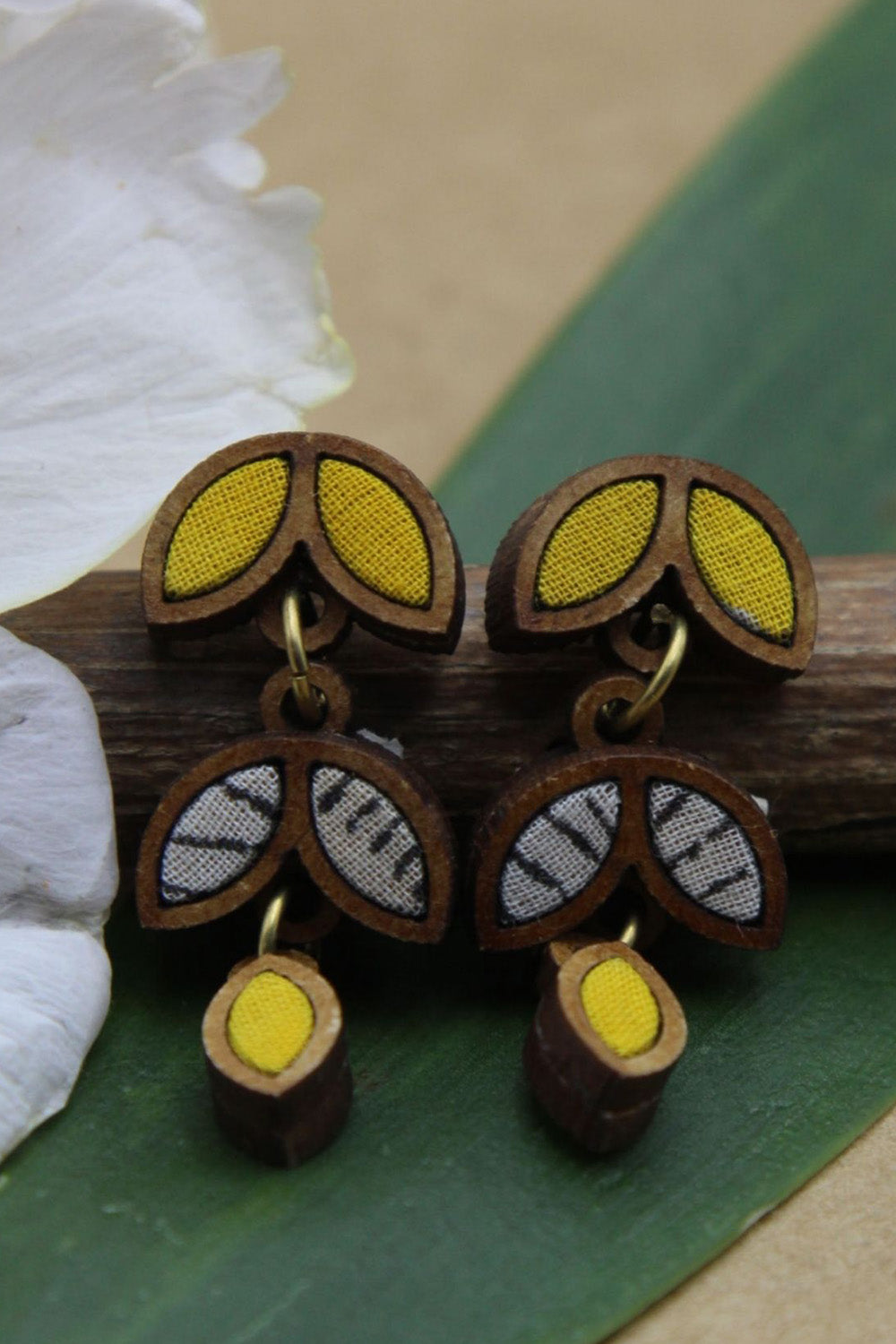 Abira | Chindi Fabric & Wood Earrings | Yellow