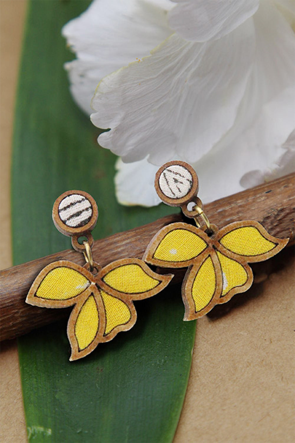 Abira | Chindi Fabric & Wood Earrings | Yellow