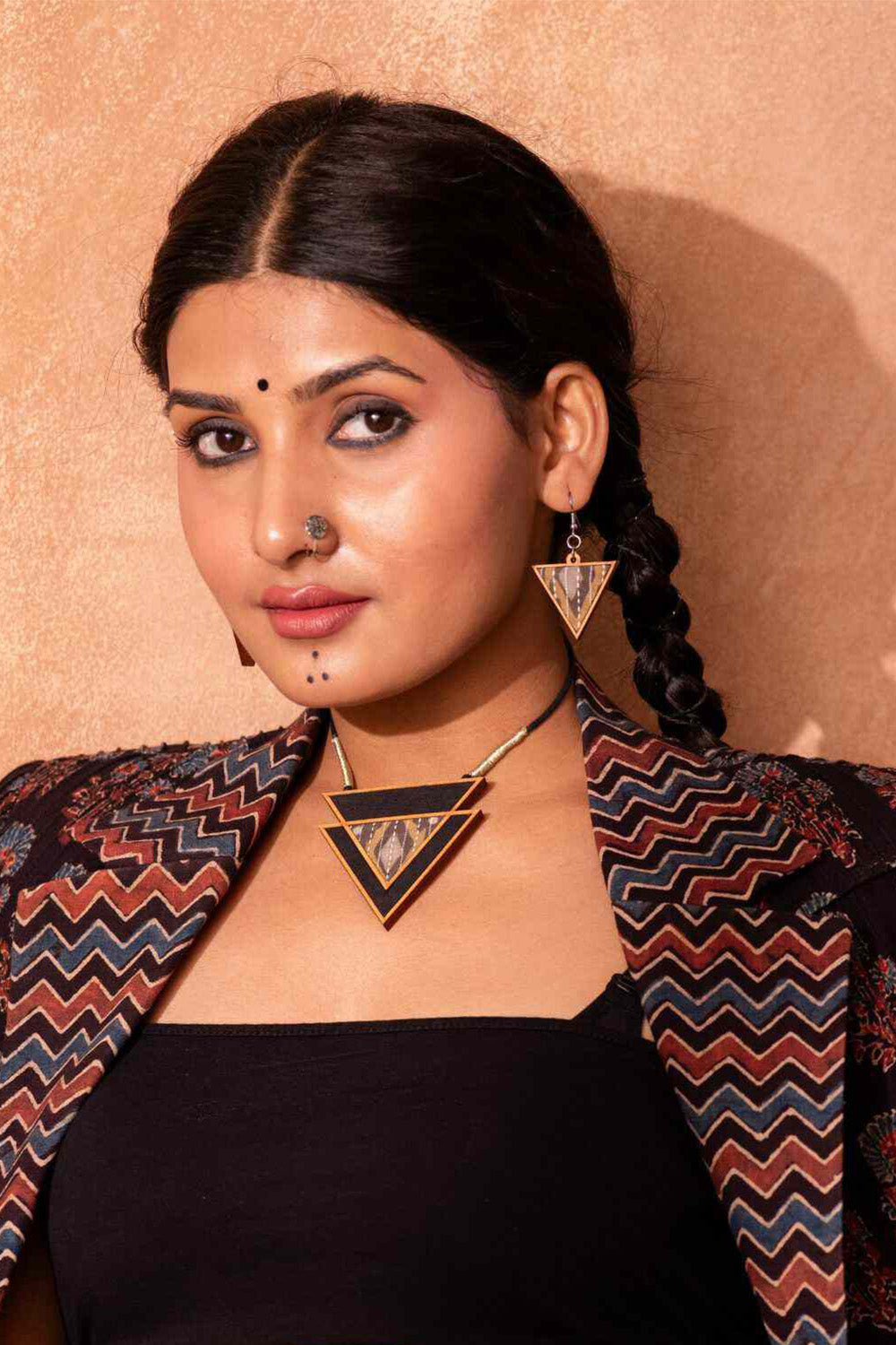 Abira | Chindi Fabric & Wood Earrings | Brown Ajrakh