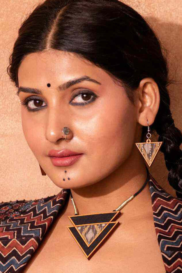 Abira | Chindi Fabric & Wood Earrings | Brown Ajrakh