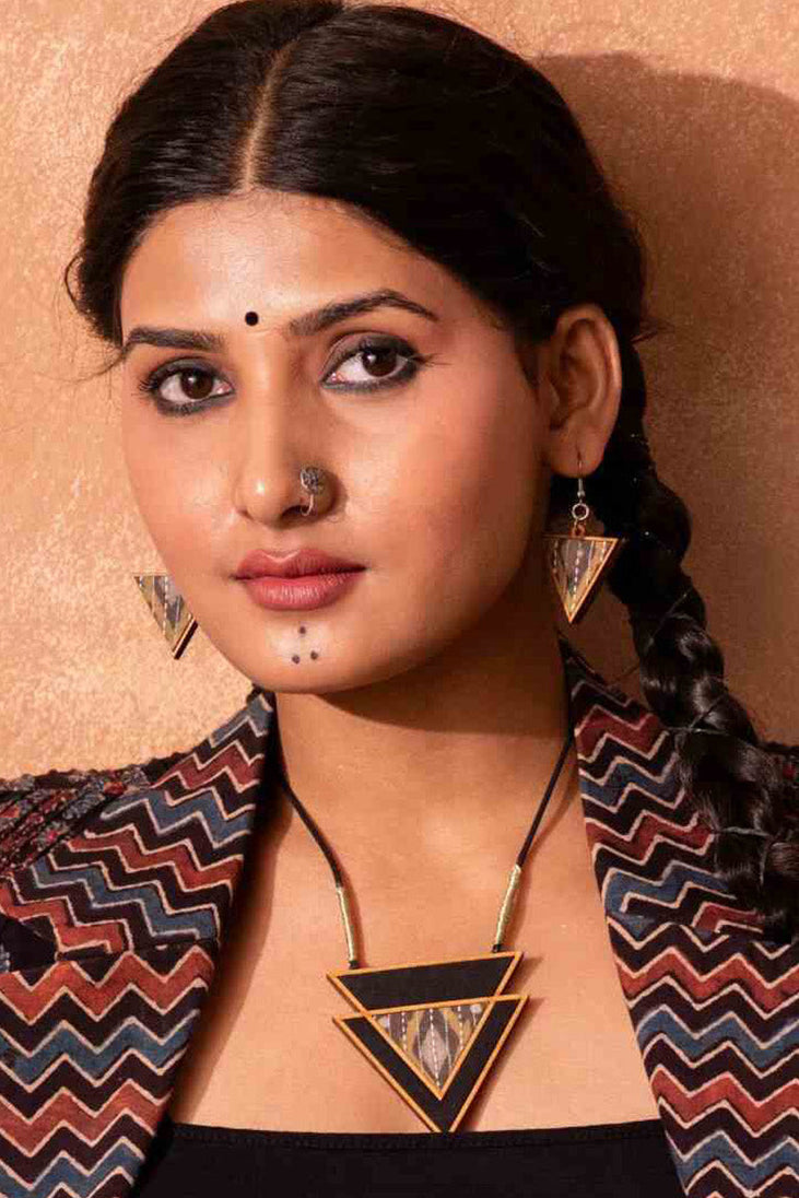 Abira | Chindi Fabric & Wood Earrings | Brown Ajrakh