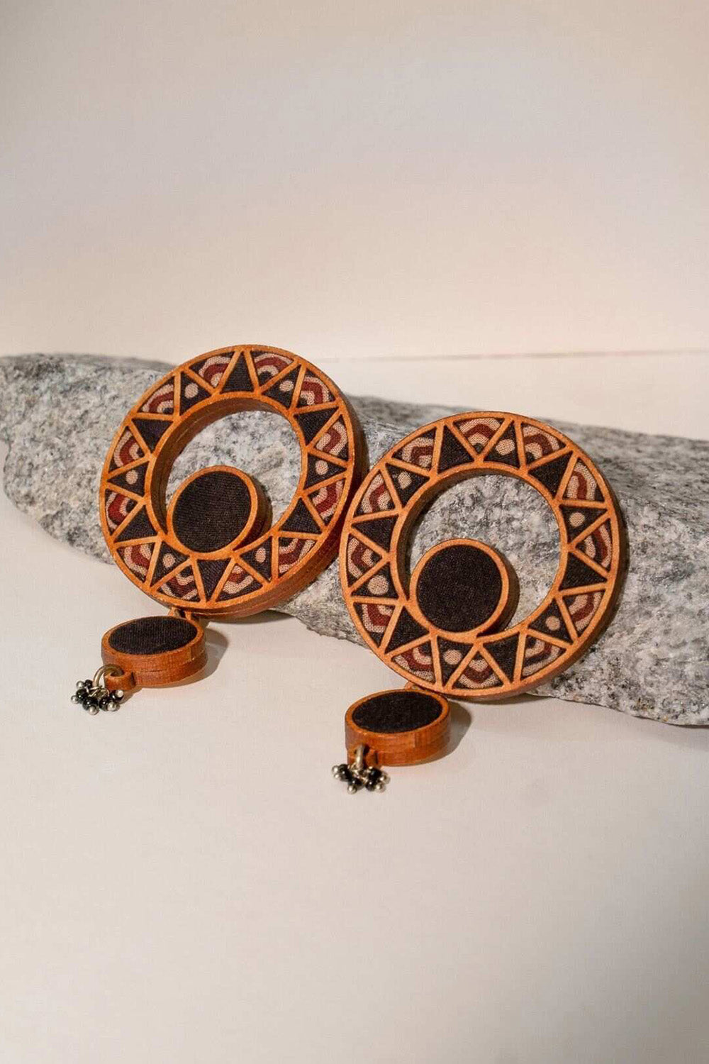 Abira | Chindi Fabric & Wood Earrings | Noir Ajrakh