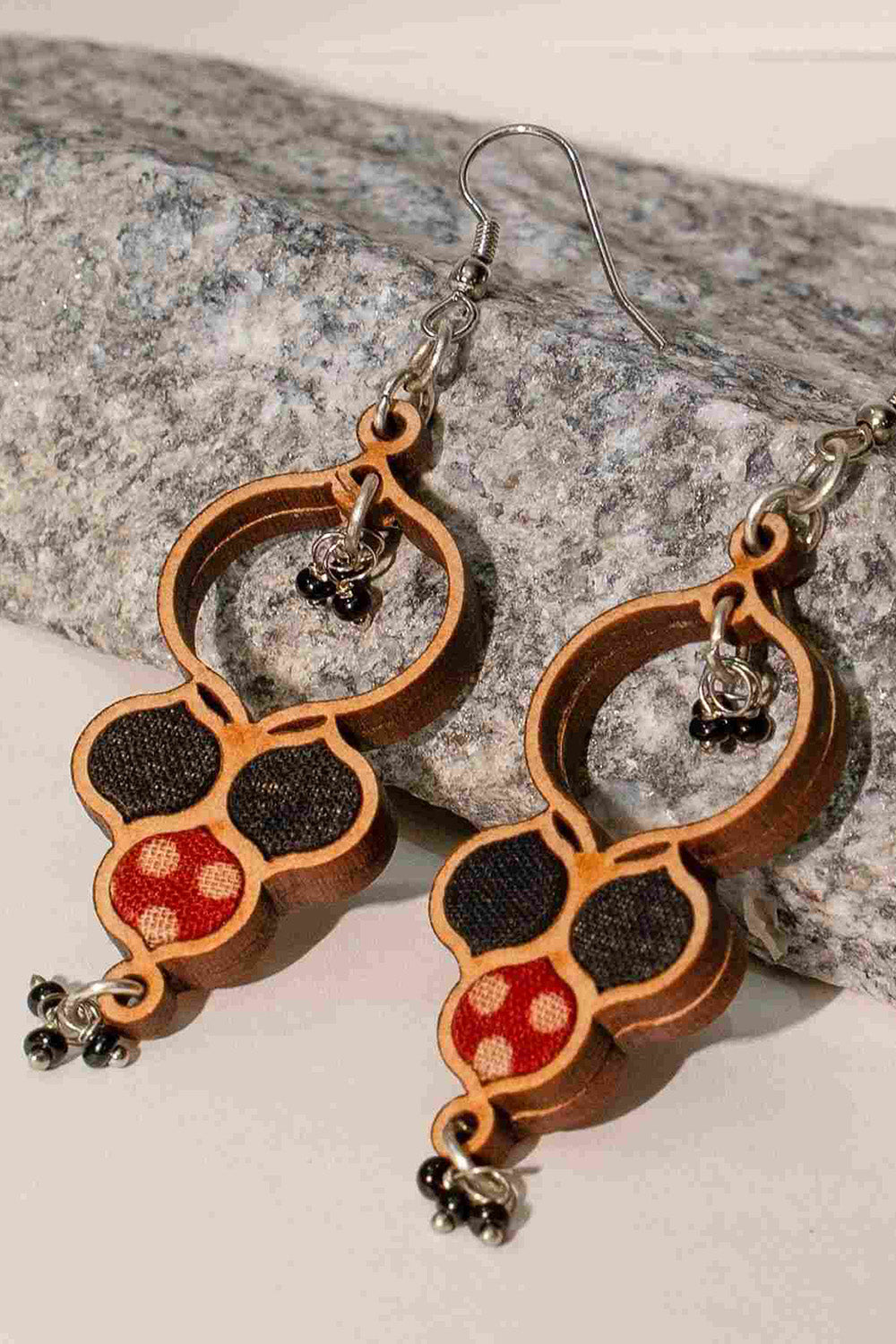 Abira | Chindi Fabric & Wood Earrings | Noir Ajrakh