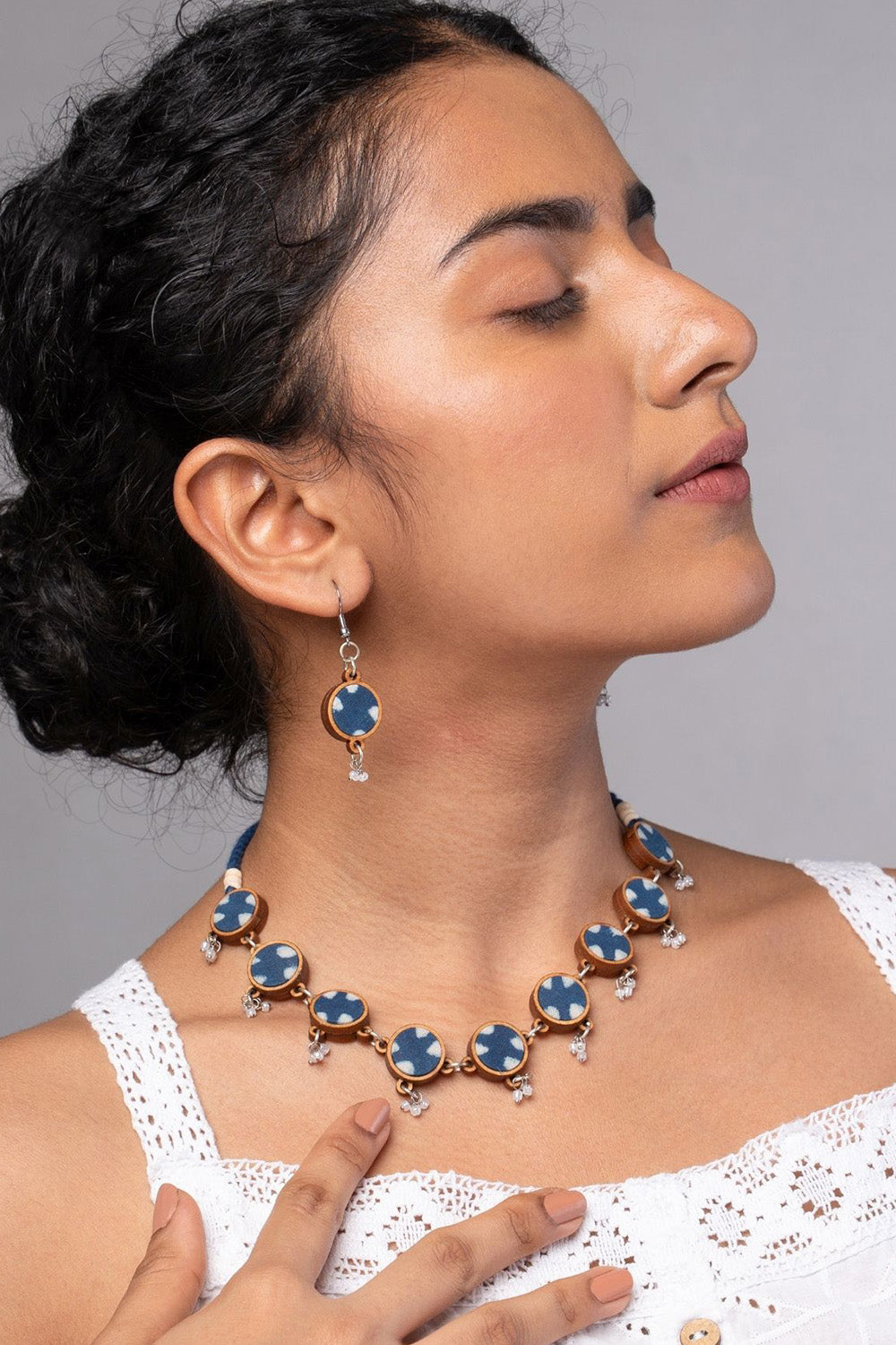 Abira | Chindi Fabric & Wood Earrings | Blue