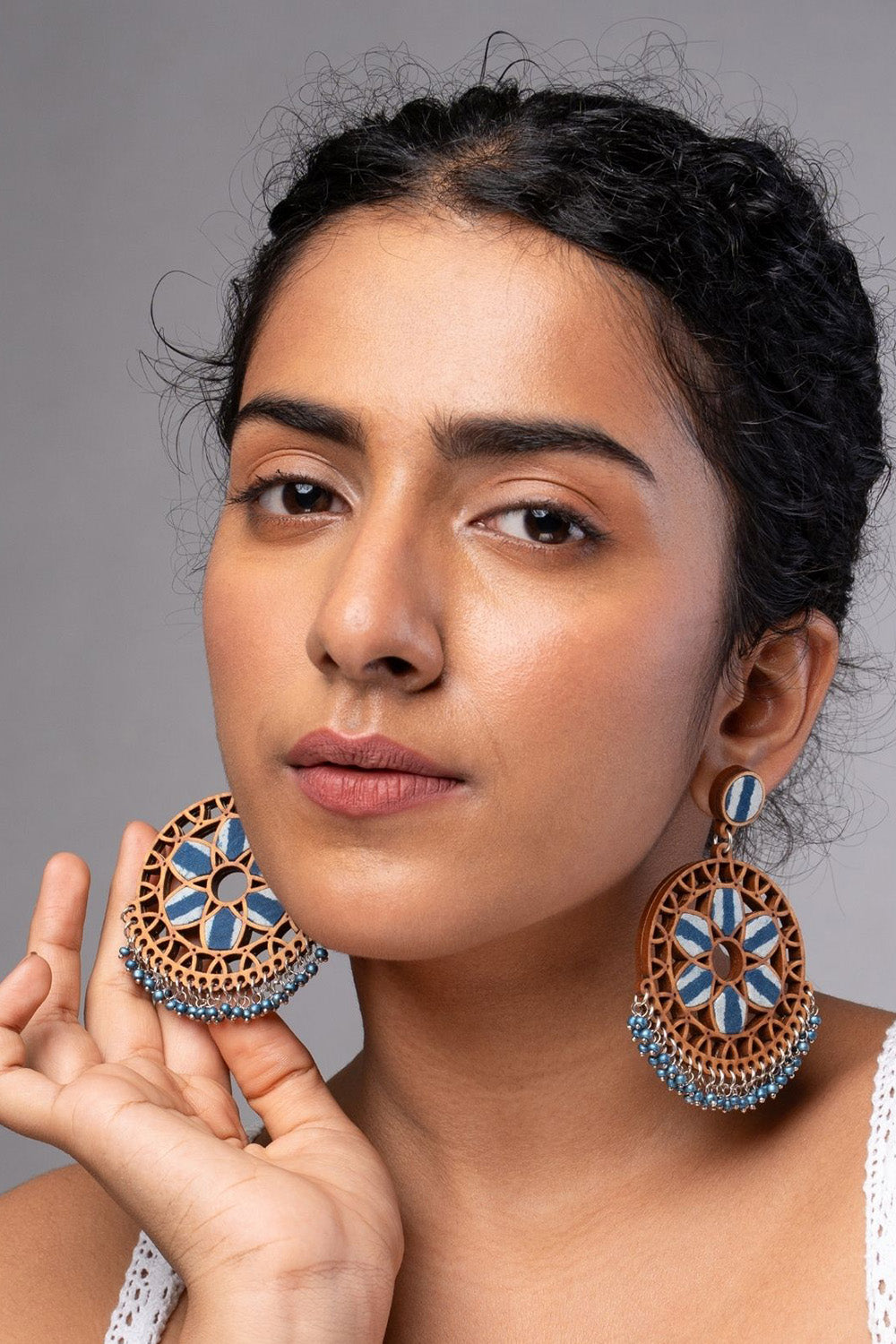 Abira | Chindi Fabric & Wood Earrings | Blue