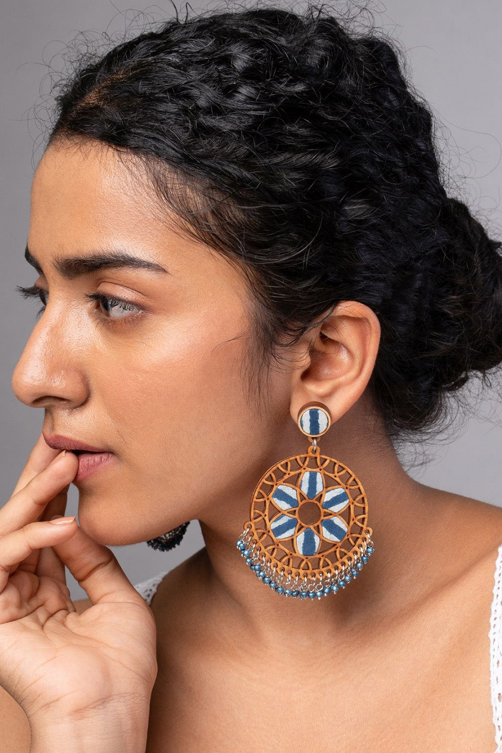 Abira | Chindi Fabric & Wood Earrings | Blue