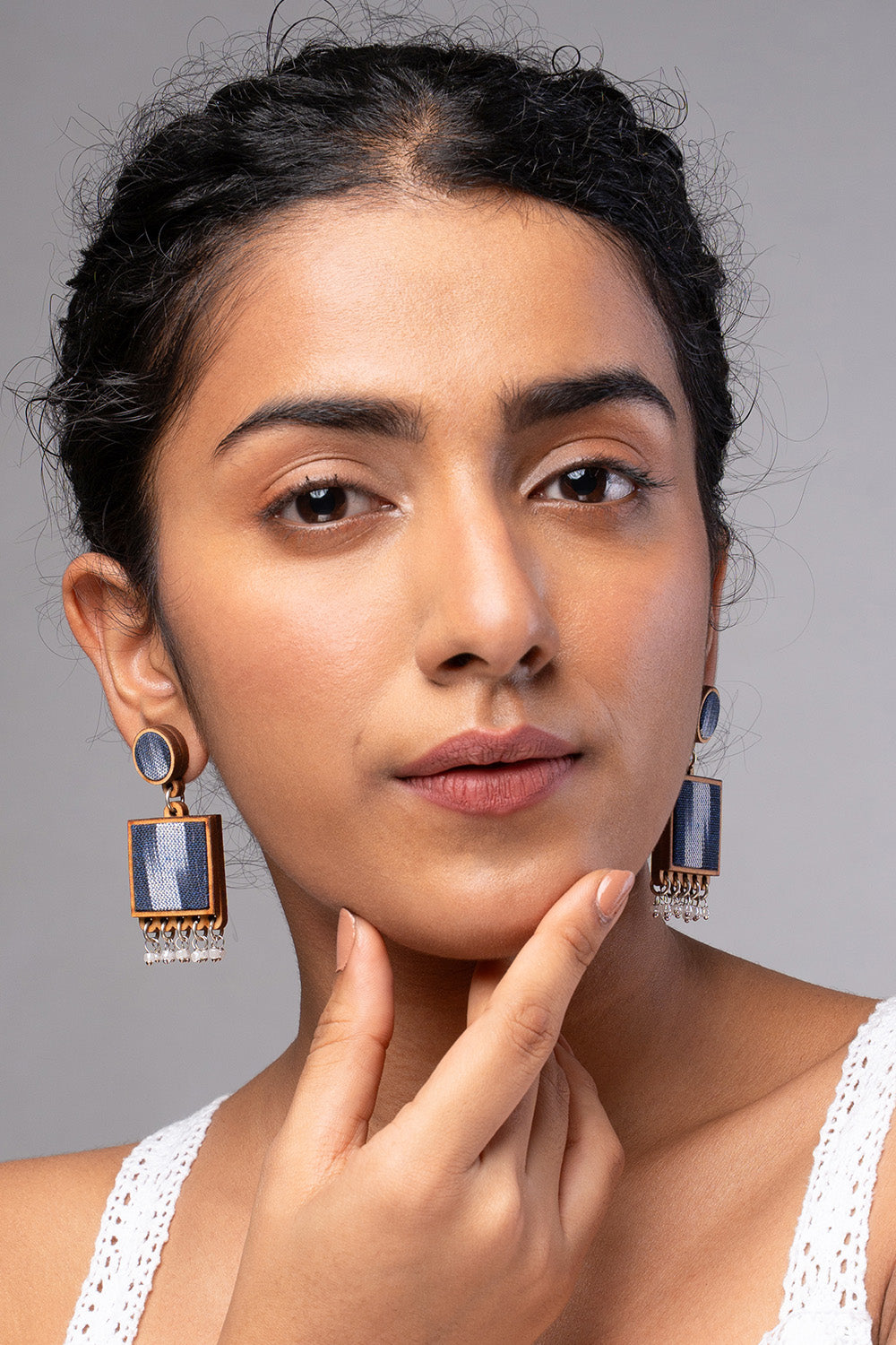 Abira | Chindi Fabric & Wood Earrings | Blue Ikkat