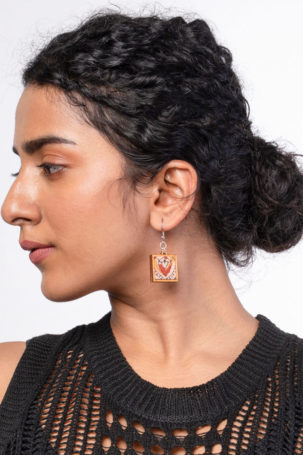 Abira | Chindi Fabric & Wood Earrings | Red Kalamkari