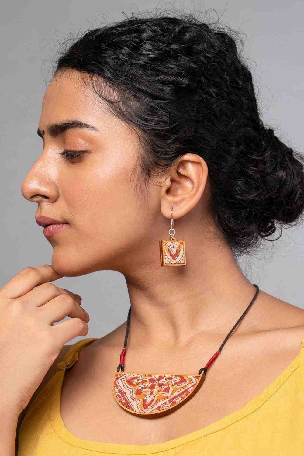 Abira | Chindi Fabric & Wood Earrings | Red Kalamkari