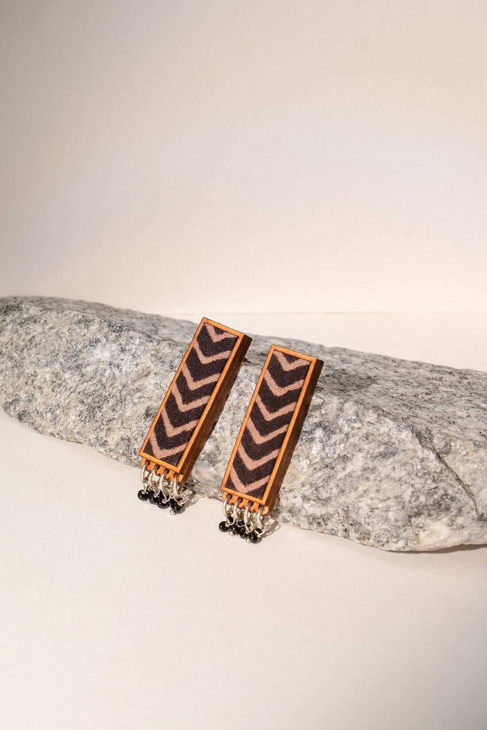 Abira | Chindi Fabric & Wood Earrings | Noir Ajrakh