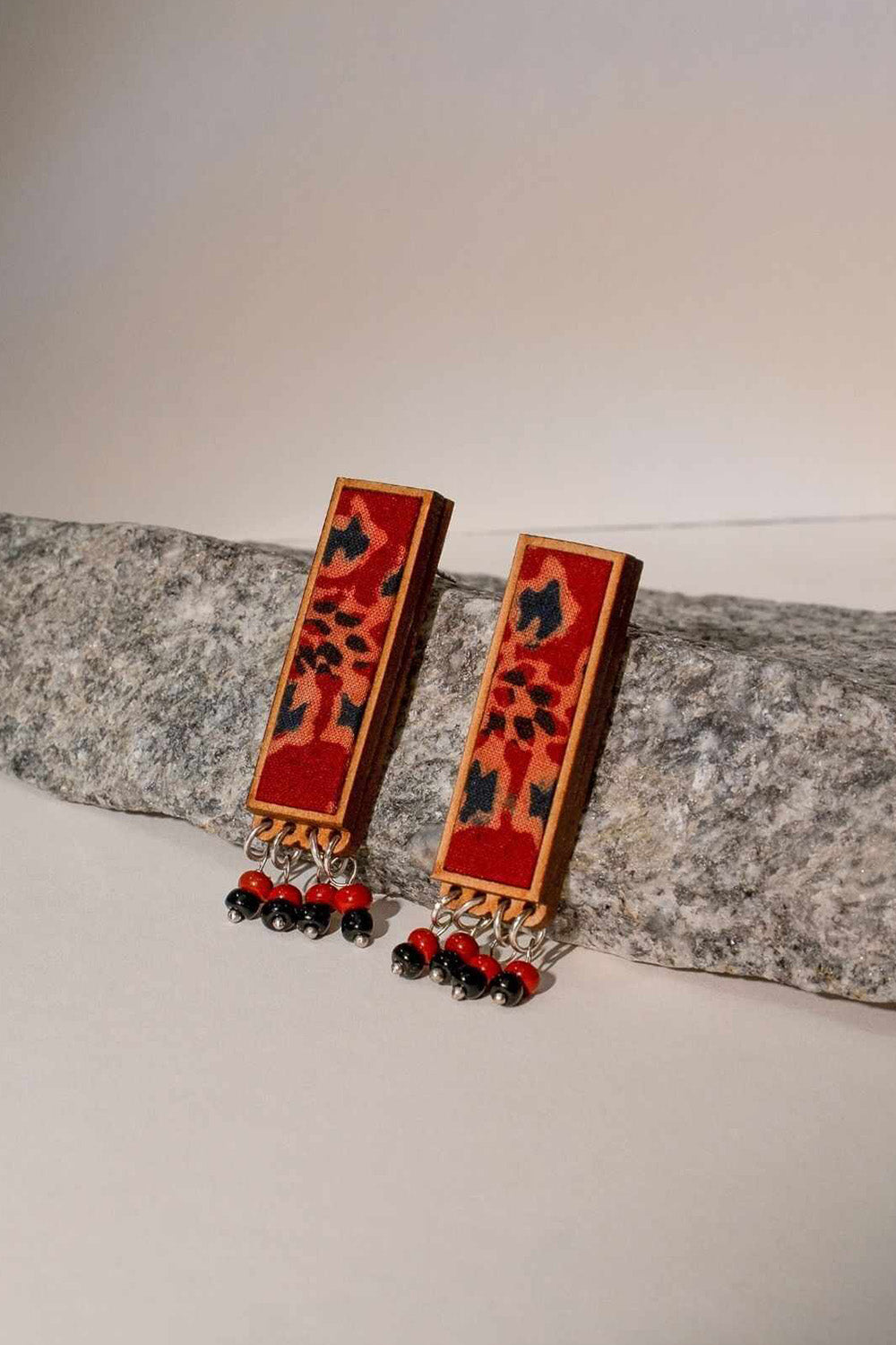 Abira | Chindi Fabric & Wood Earrings | Red Ajrakh