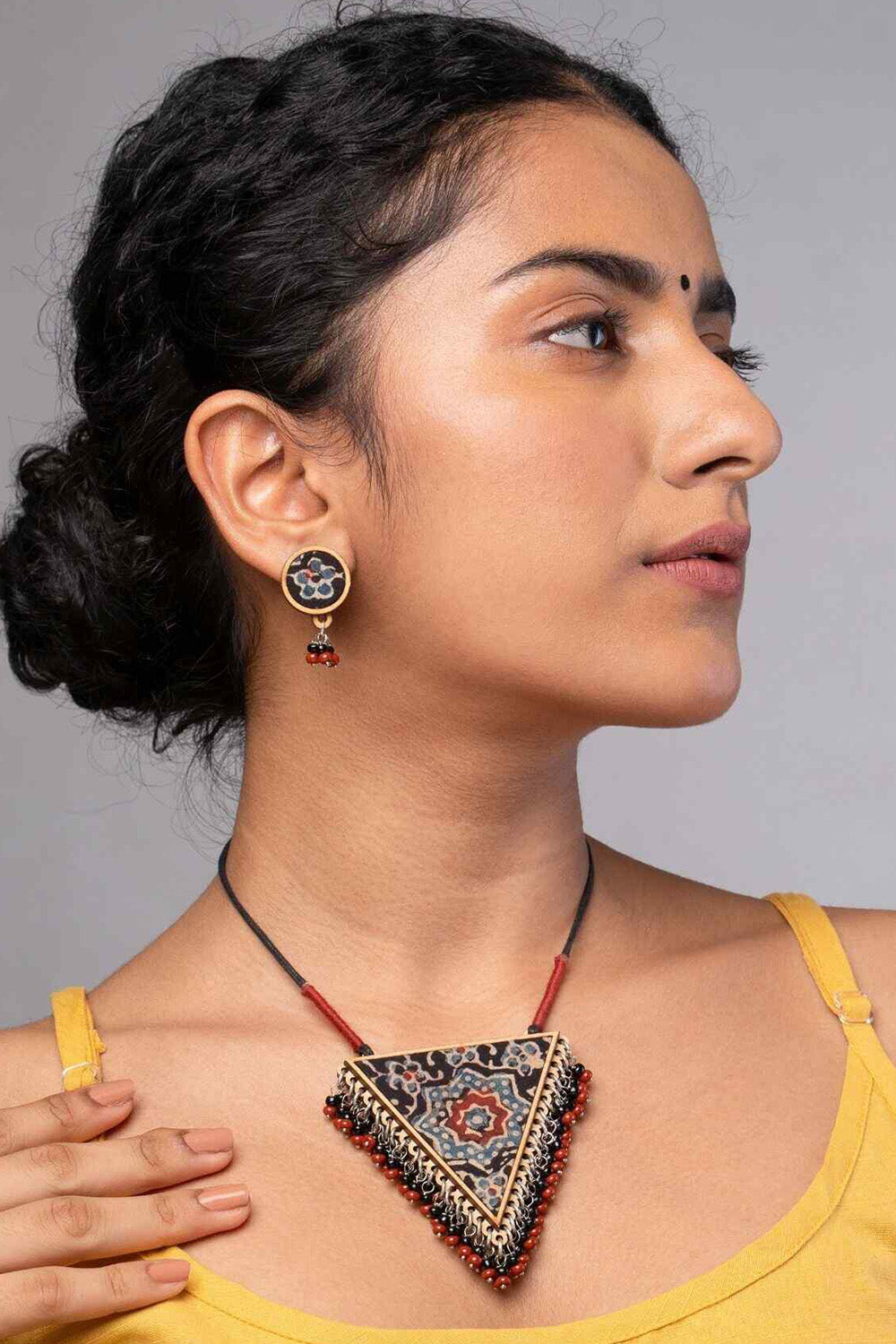 Abira | Chindi Fabric & Wood Earrings | Ajrakh