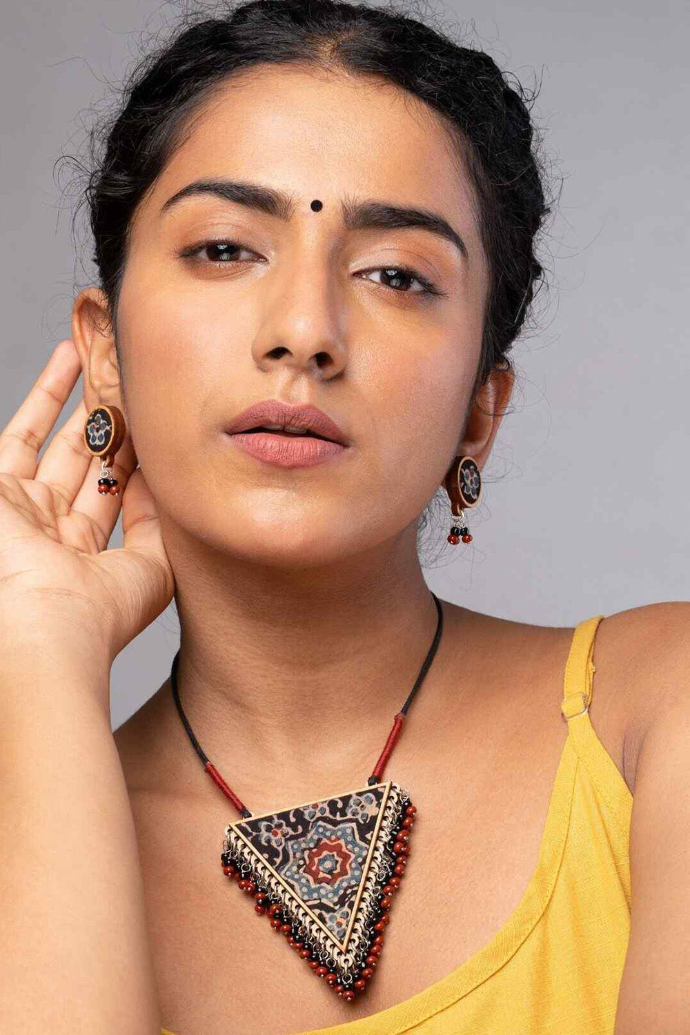 Abira | Chindi Fabric & Wood Earrings | Ajrakh