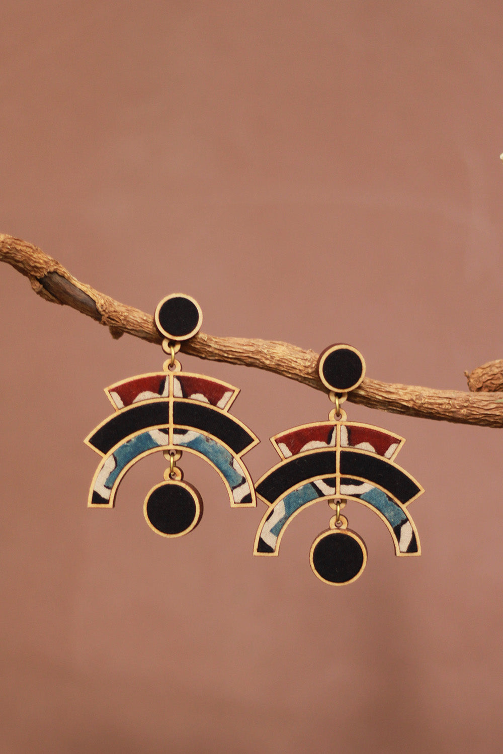 Abira | Chindi Fabric & Wood Earrings | Noir Ajrakh