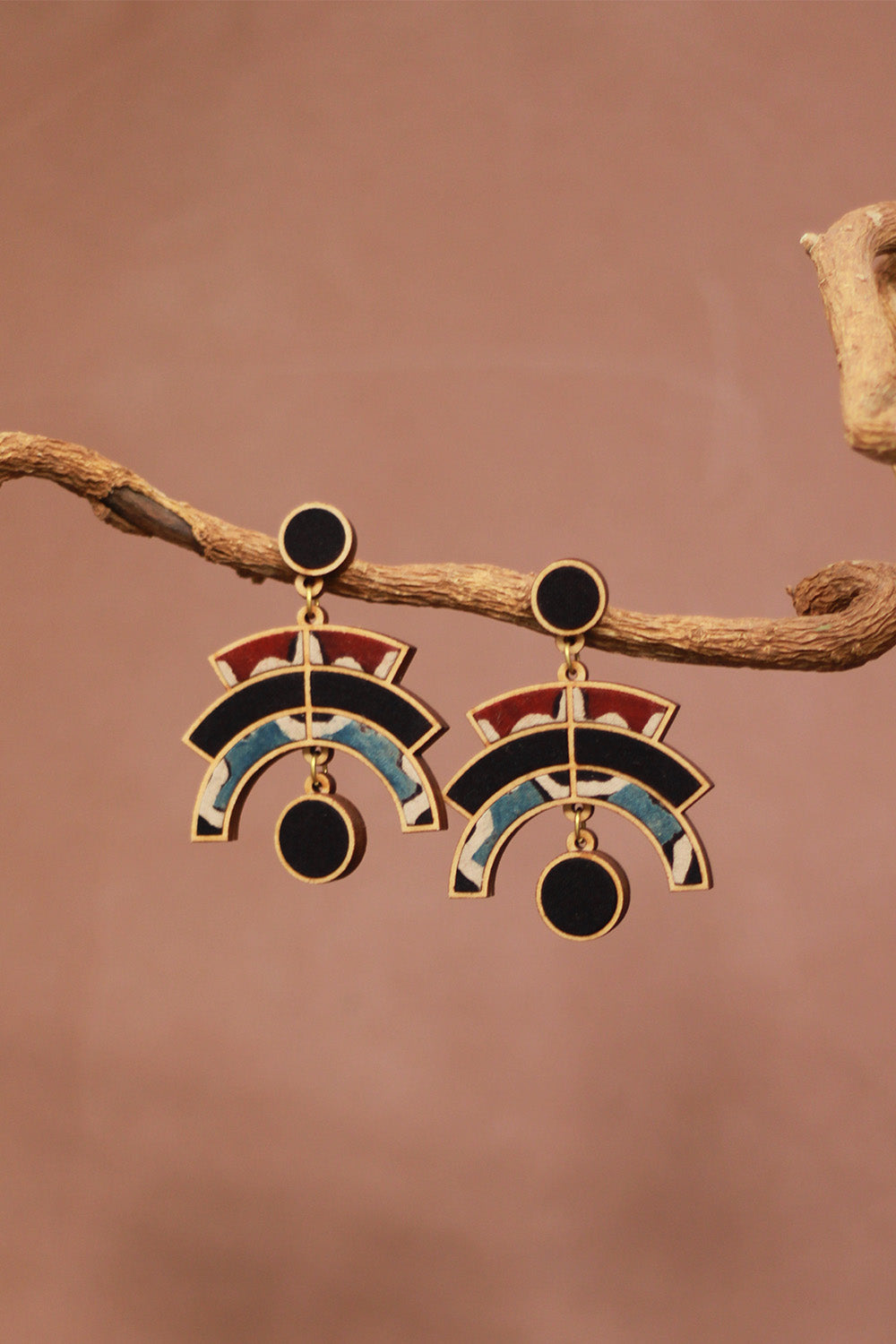 Abira | Chindi Fabric & Wood Earrings | Noir Ajrakh