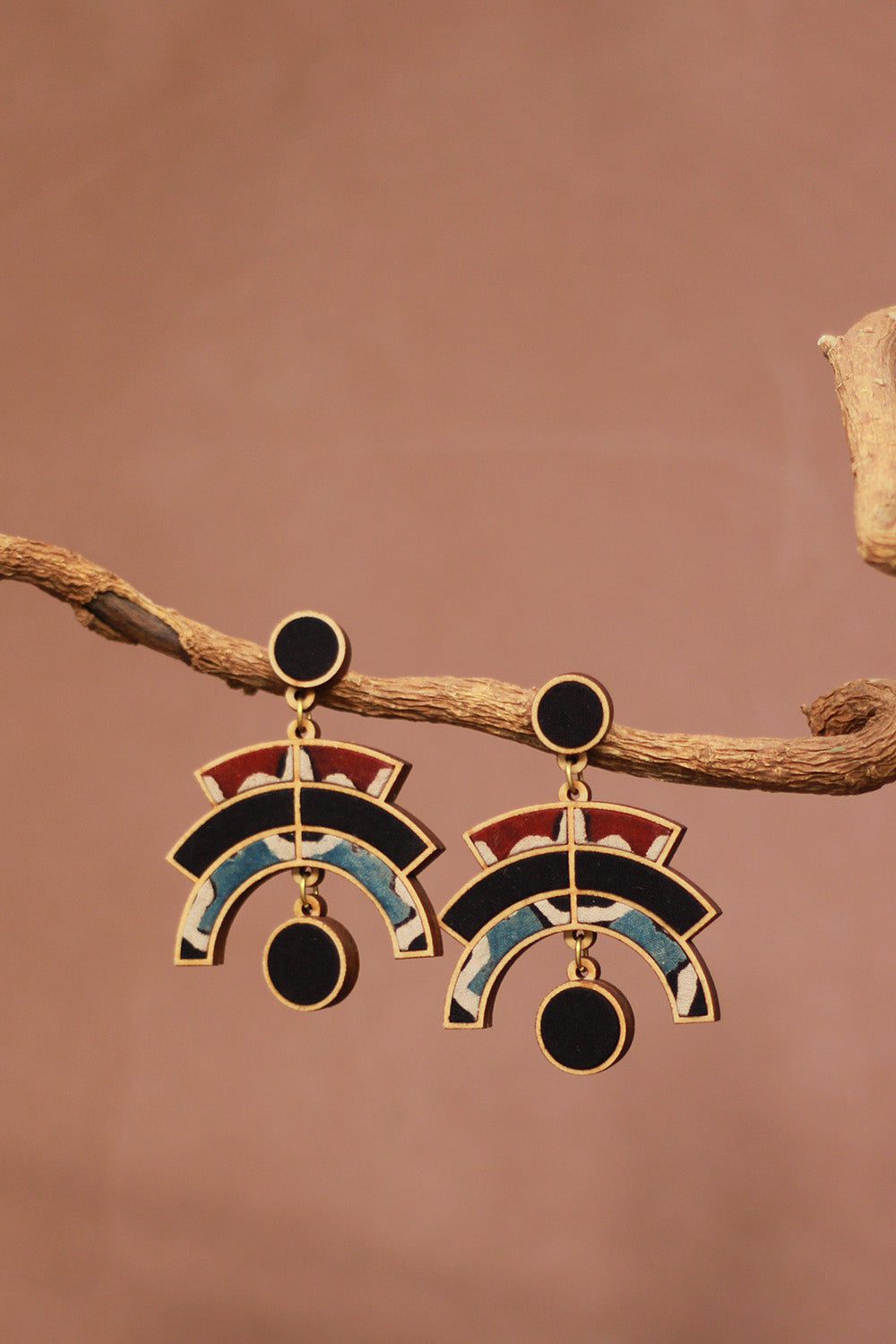 Abira | Chindi Fabric & Wood Earrings | Noir Ajrakh