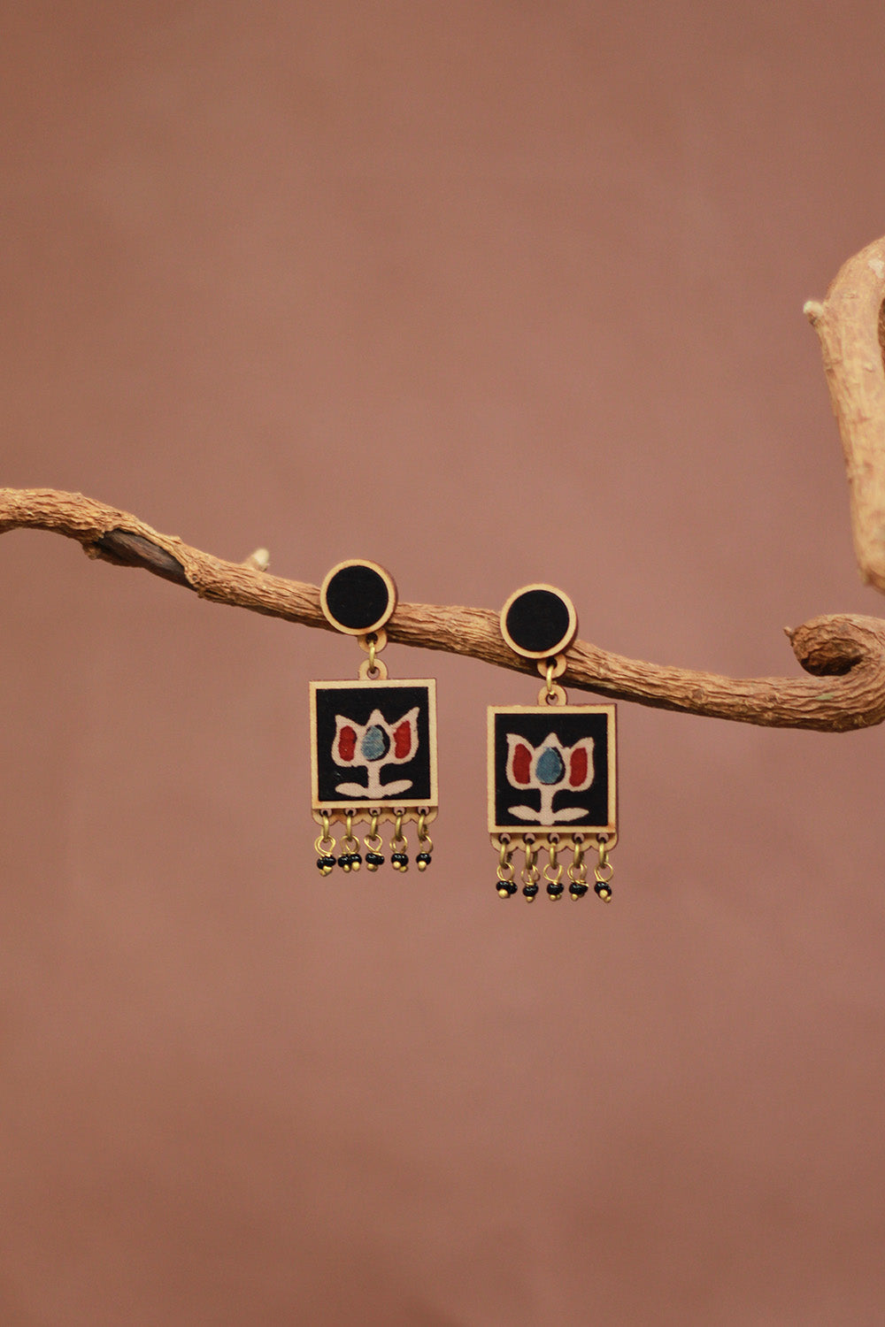 Abira | Chindi Fabric & Wood Earrings | Noir Ajrakh