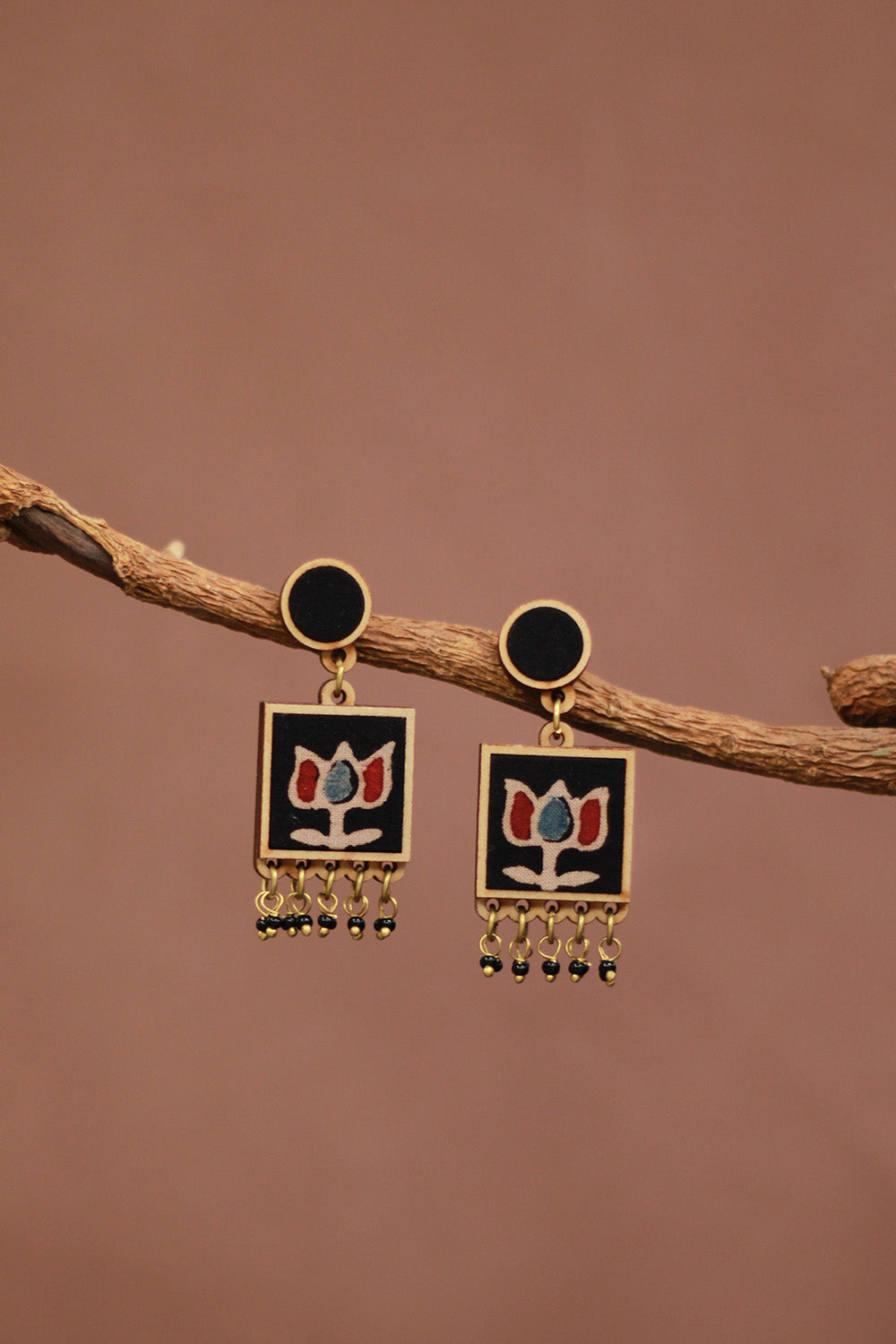 Abira | Chindi Fabric & Wood Earrings | Noir Ajrakh