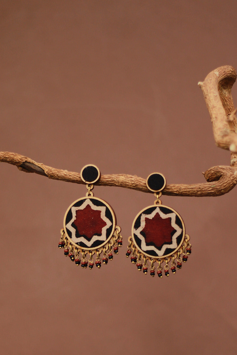Abira | Chindi Fabric & Wood Earrings | Red Ajrakh