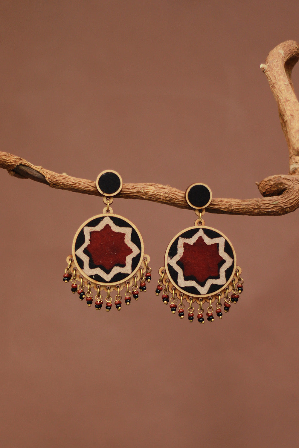 Abira | Chindi Fabric & Wood Earrings | Red Ajrakh