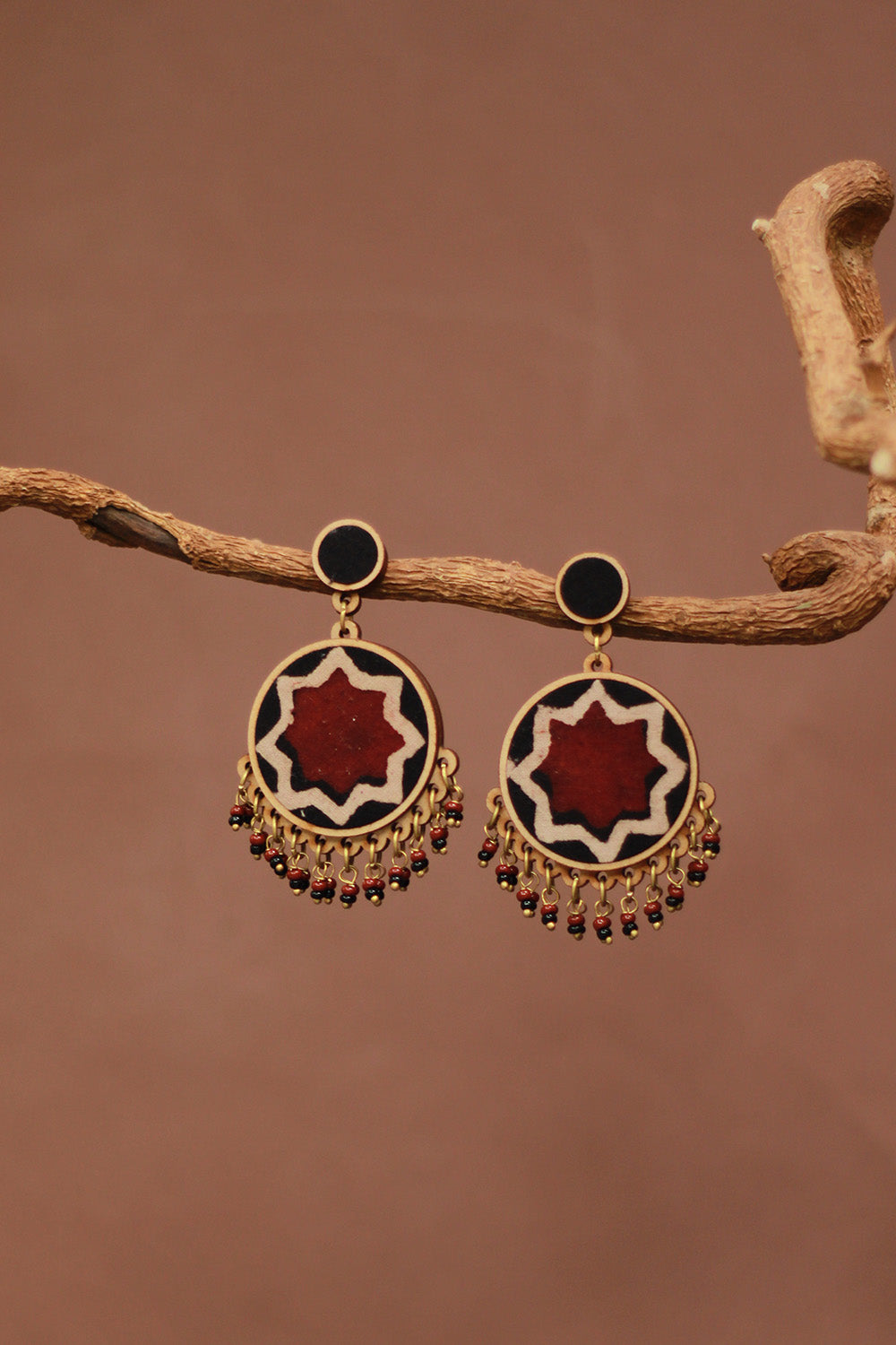 Abira | Chindi Fabric & Wood Earrings | Red Ajrakh
