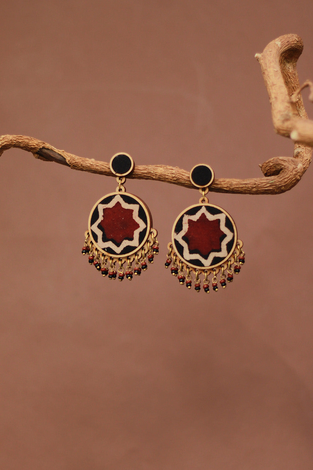 Abira | Chindi Fabric & Wood Earrings | Red Ajrakh