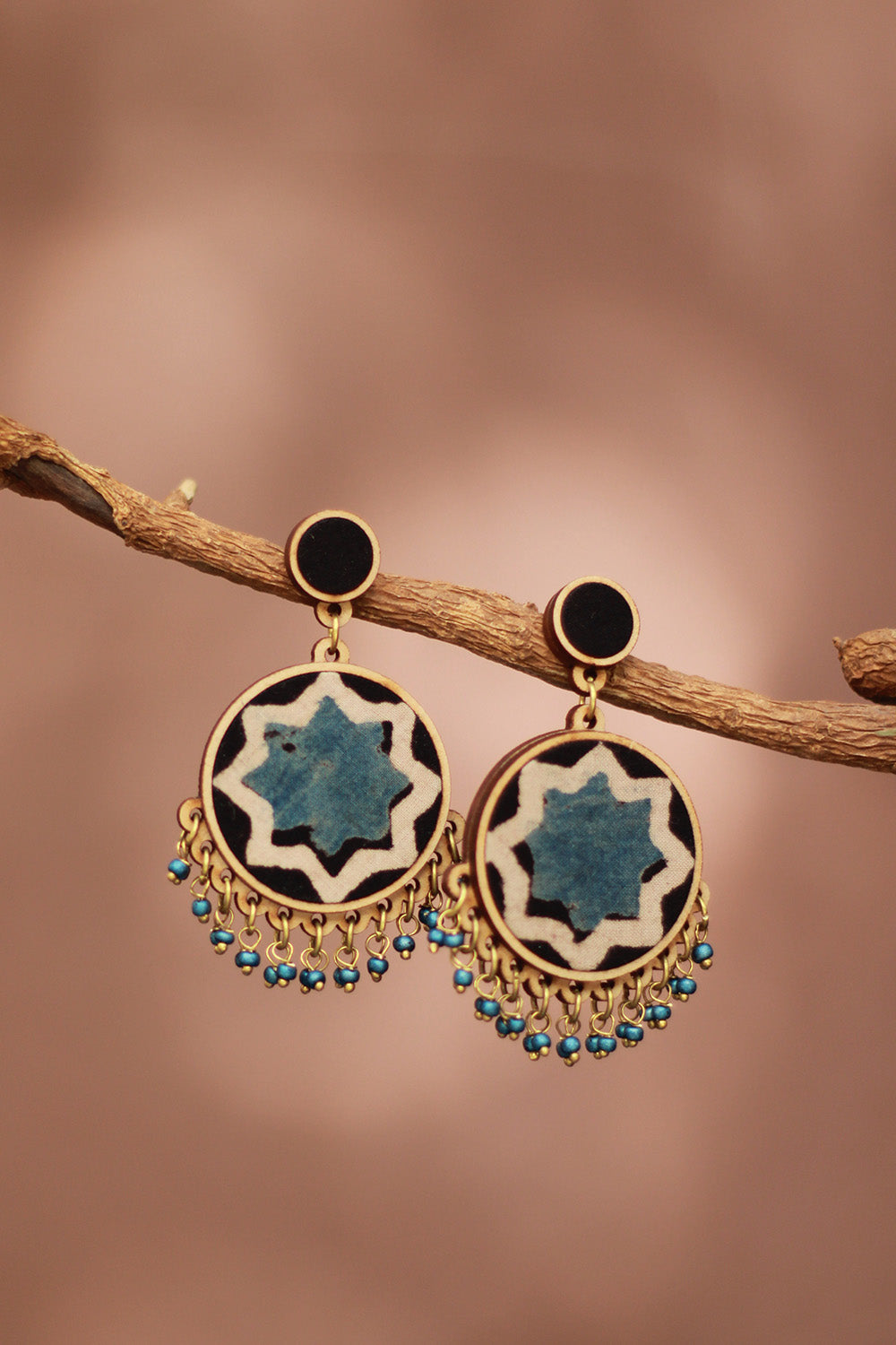 Abira | Chindi Fabric & Wood Earrings | Blue Ajrakh