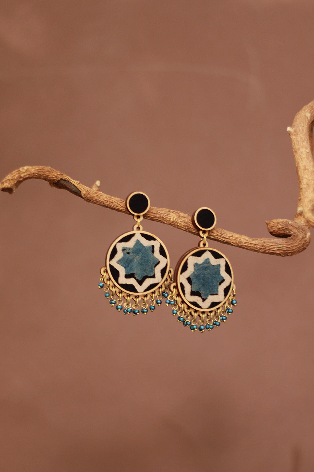 Abira | Chindi Fabric & Wood Earrings | Blue Ajrakh