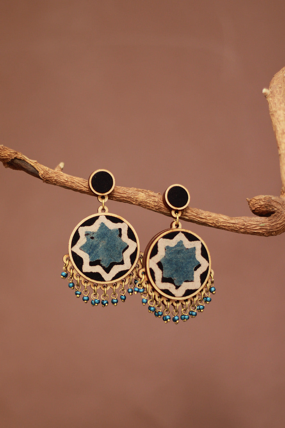 Abira | Chindi Fabric & Wood Earrings | Blue Ajrakh