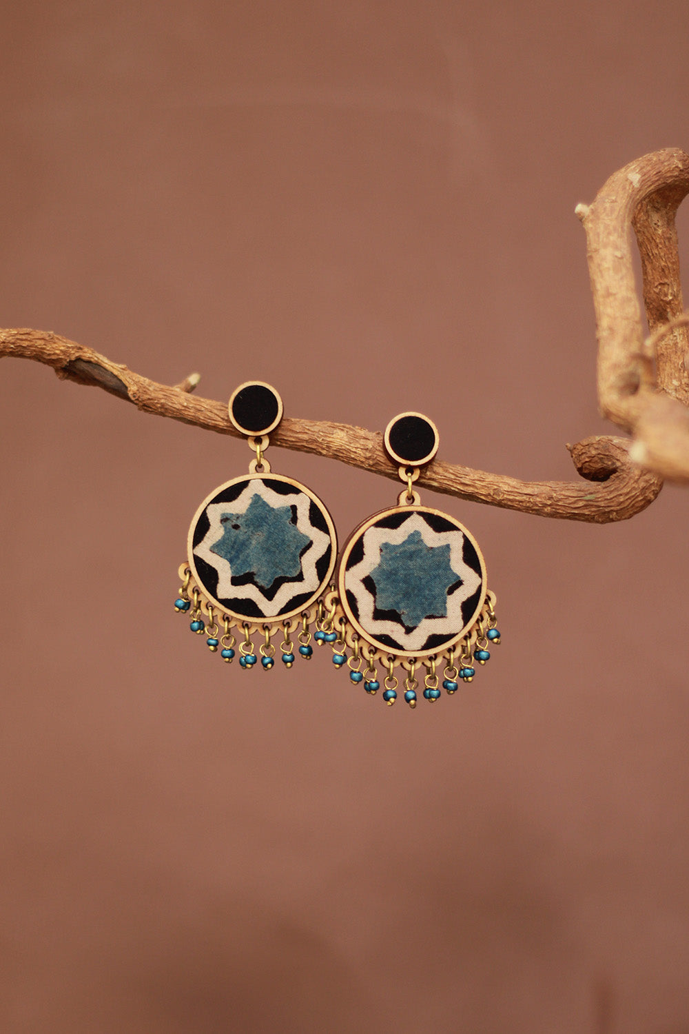 Abira | Chindi Fabric & Wood Earrings | Blue Ajrakh
