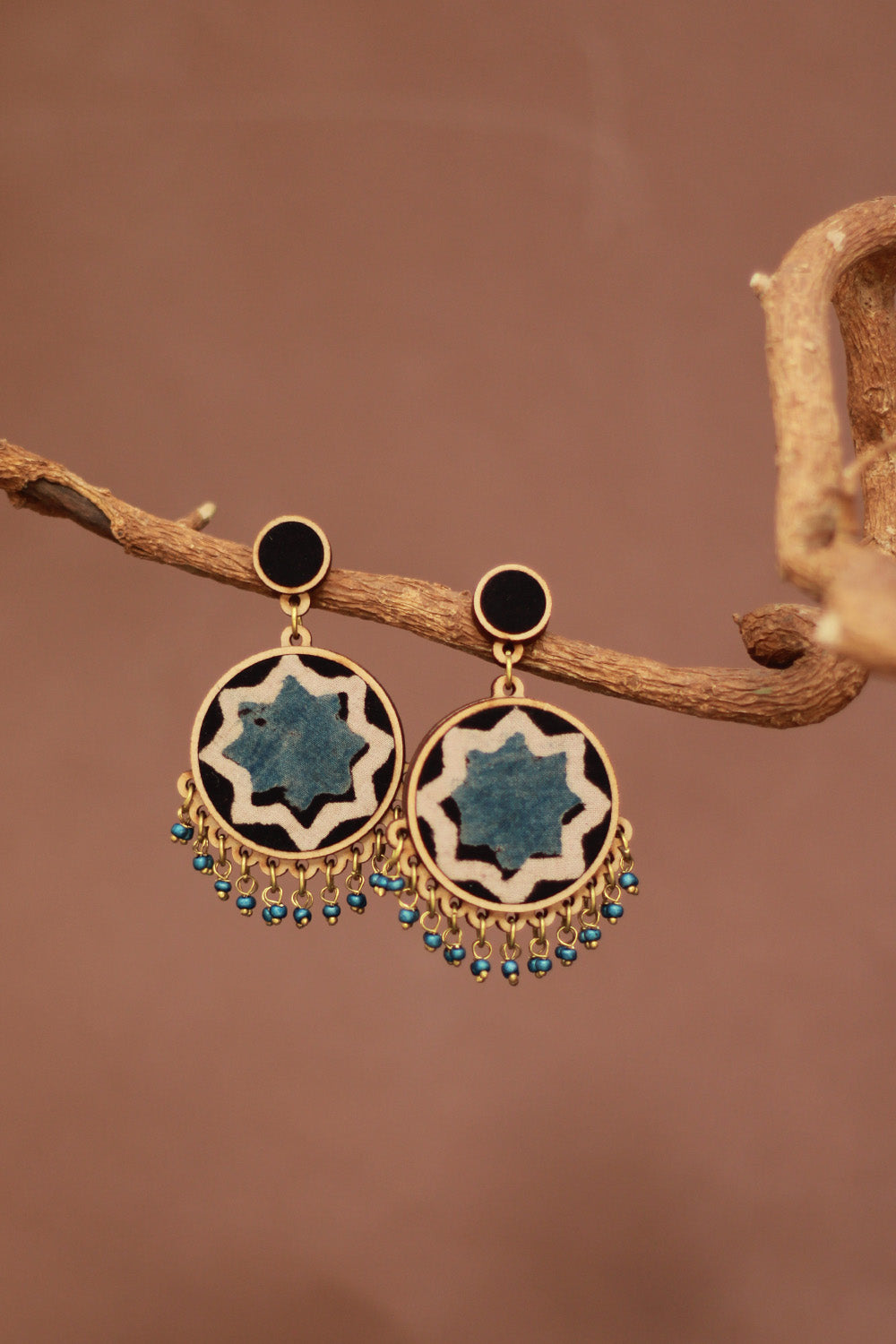 Abira | Chindi Fabric & Wood Earrings | Blue Ajrakh