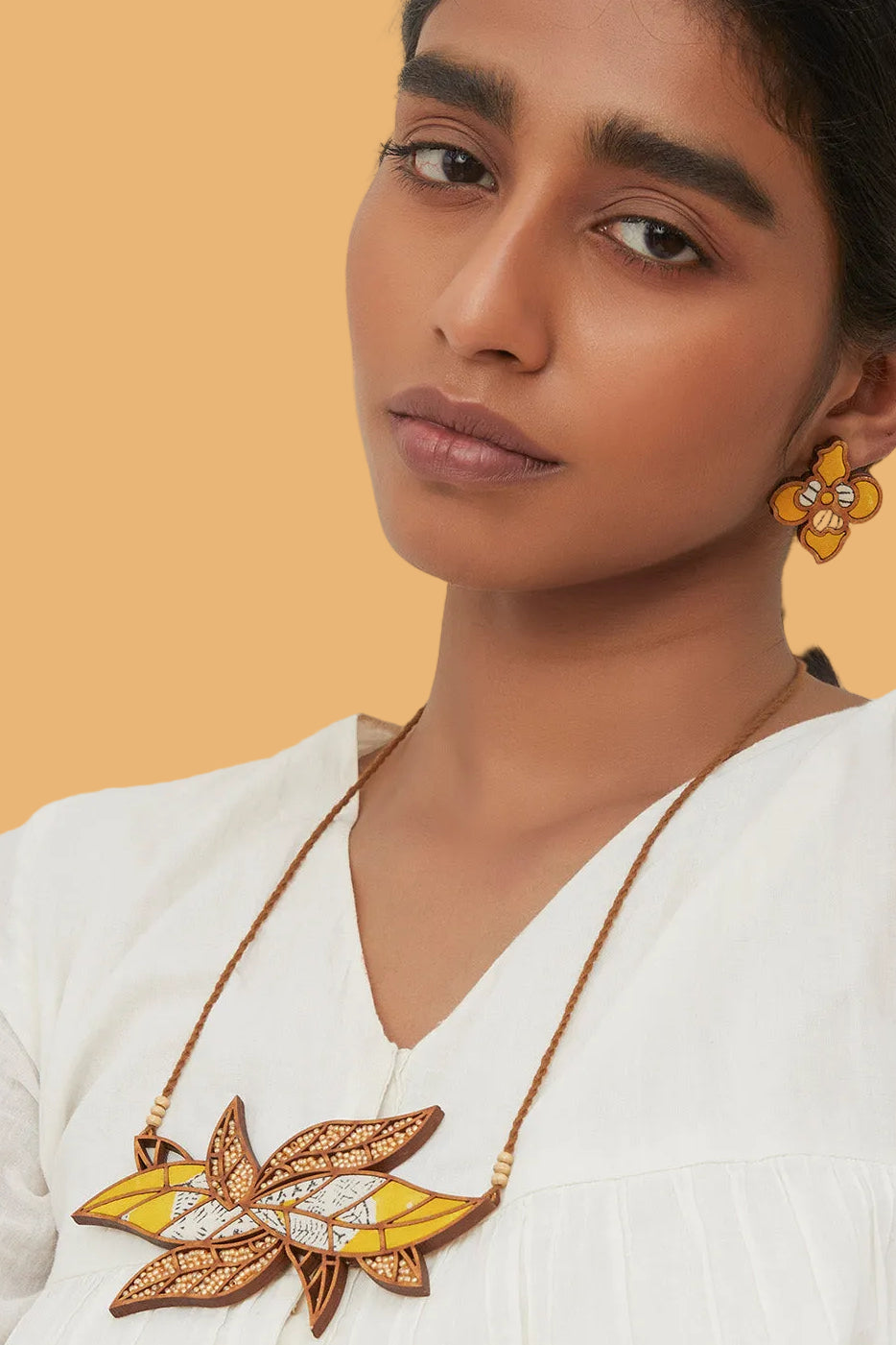 Abira | Chindi Fabric & Wood Necklace | Yellow