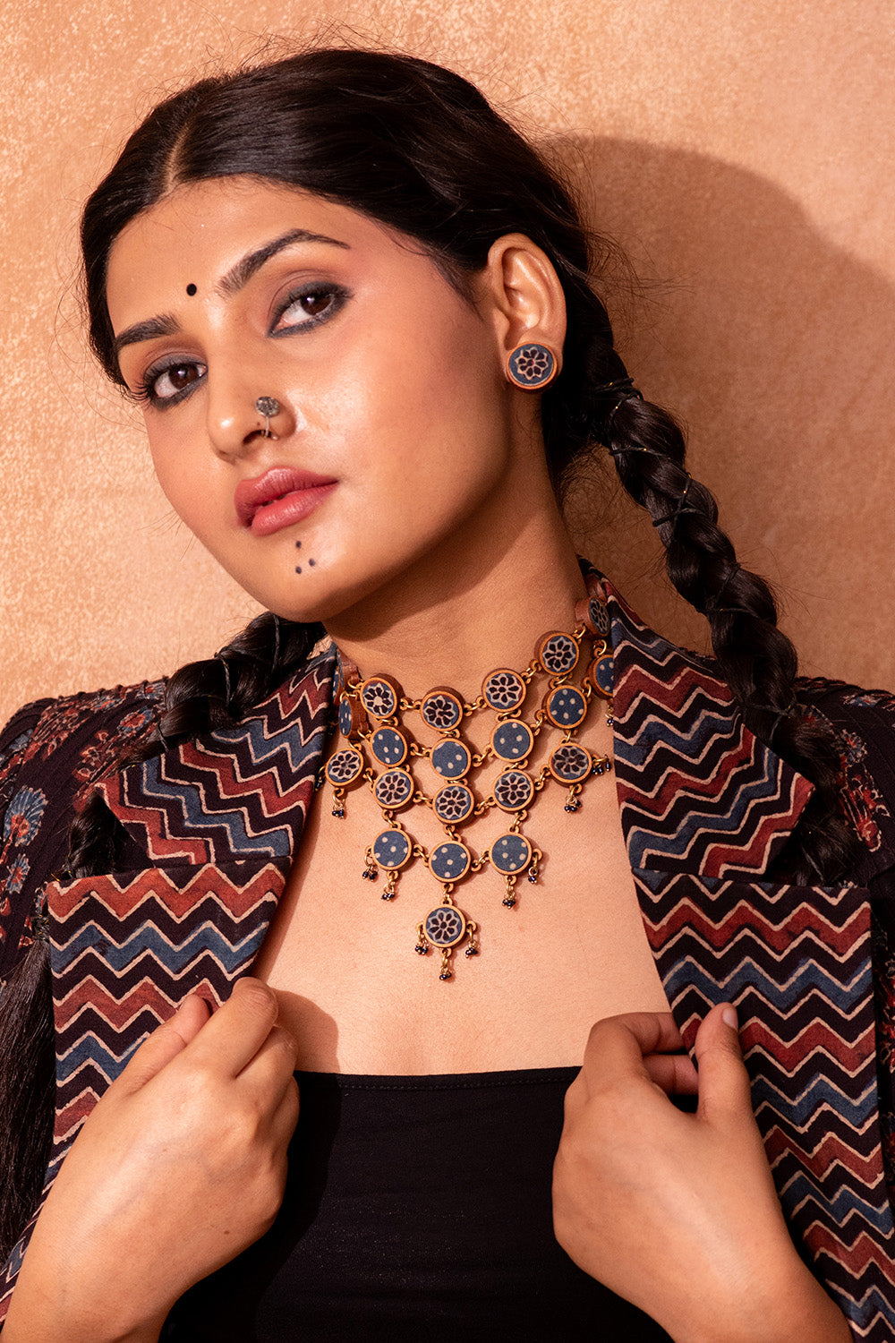 Abira | Chindi Fabric & Wood Necklace | Blue Ajrakh