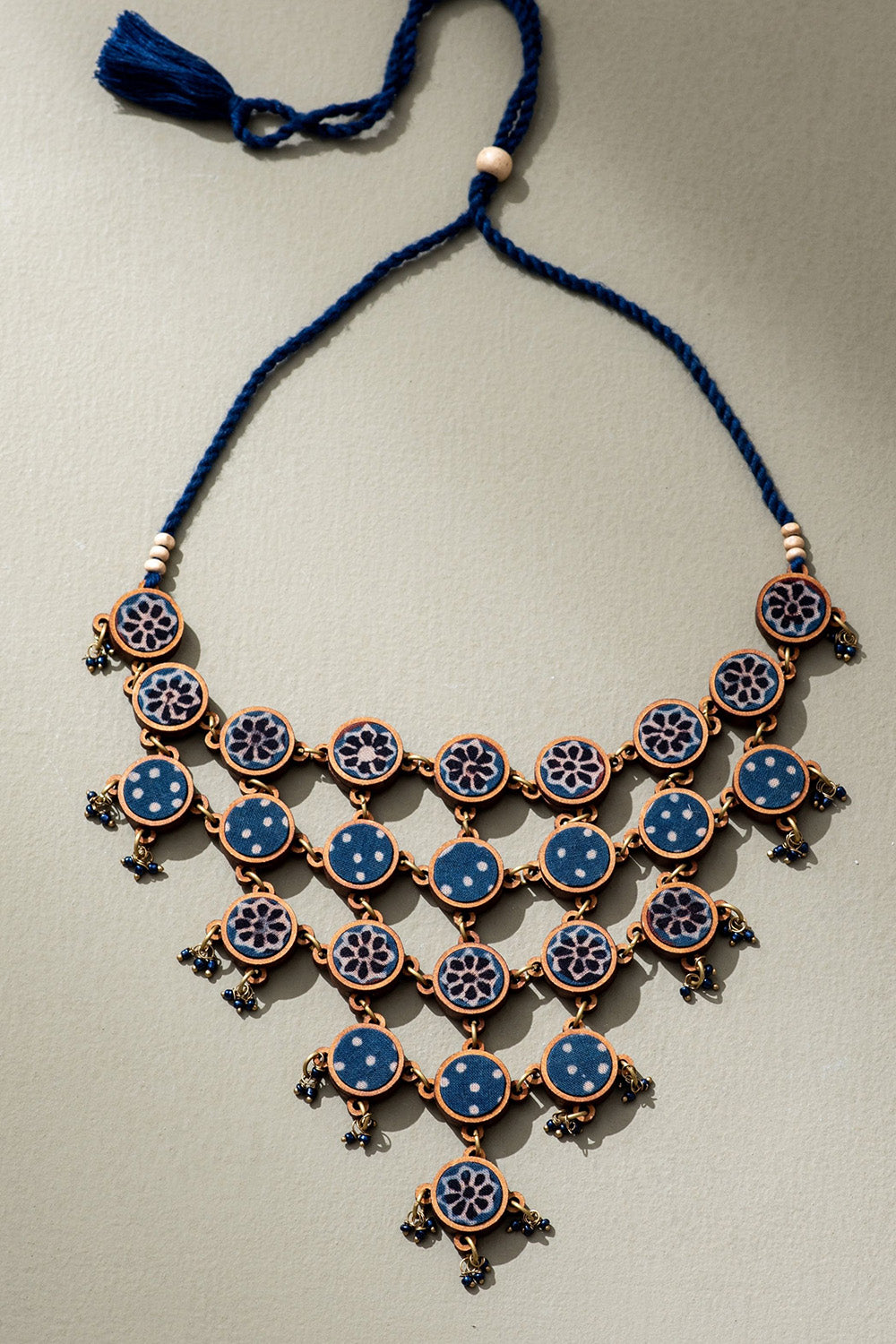 Abira | Chindi Fabric & Wood Necklace | Blue Ajrakh