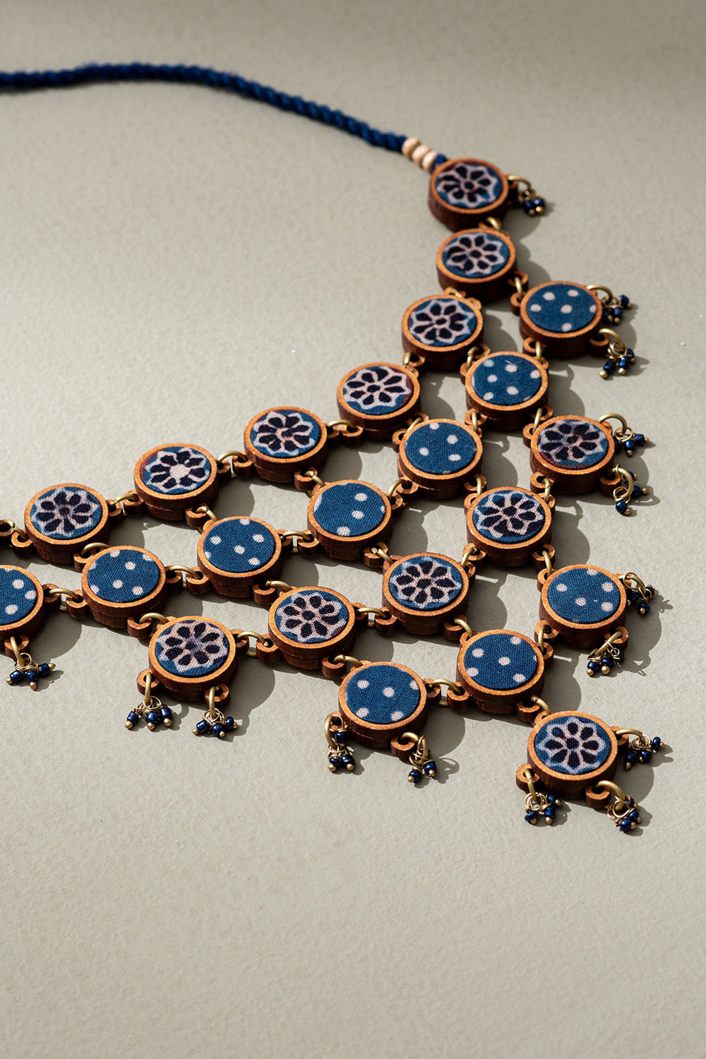 Abira | Chindi Fabric & Wood Necklace | Blue Ajrakh