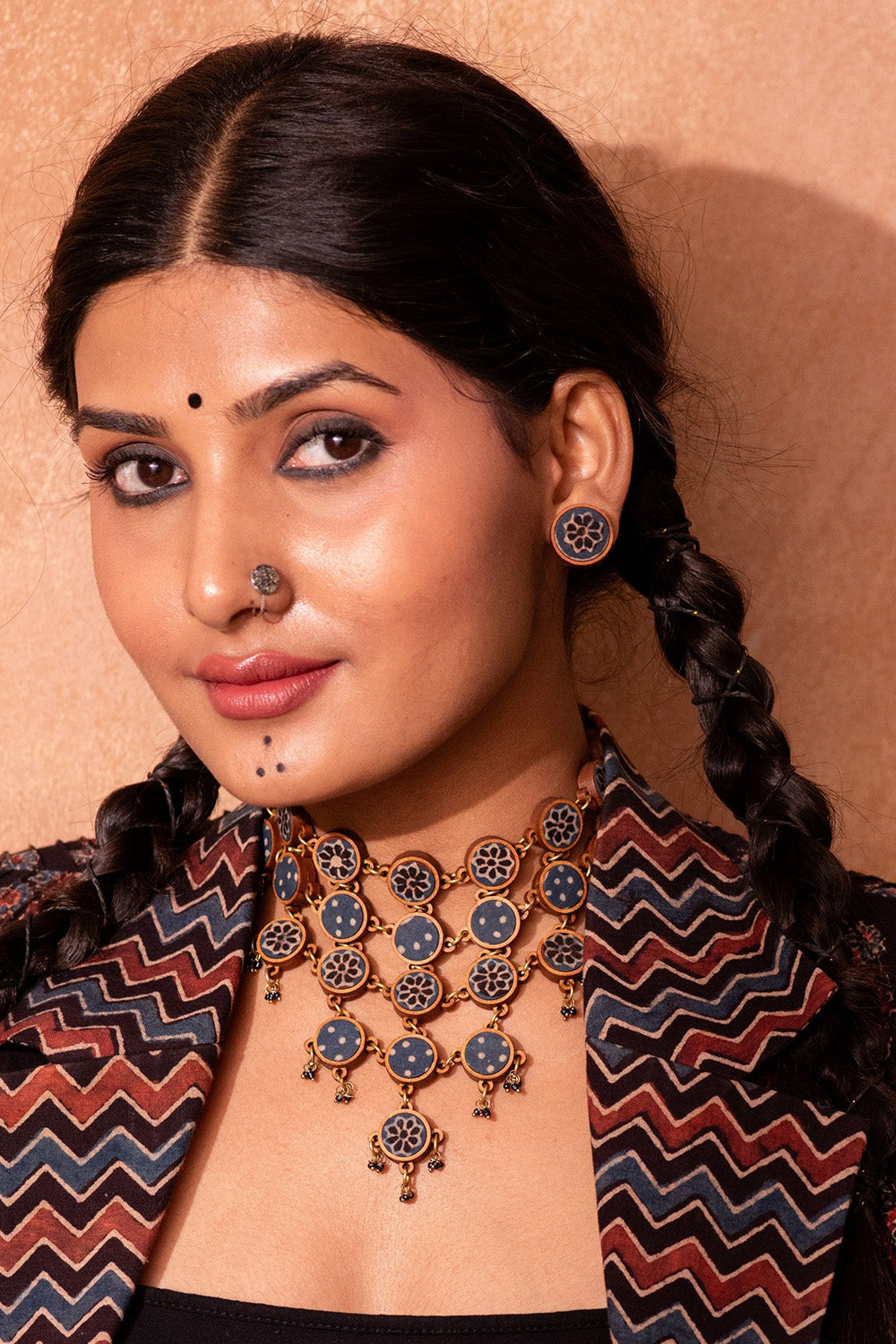 Abira | Chindi Fabric & Wood Necklace | Blue Ajrakh
