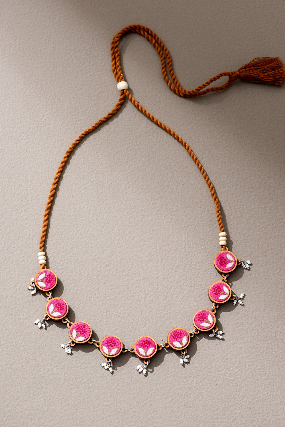Abira | Chindi Fabric & Wood Necklace | Pink