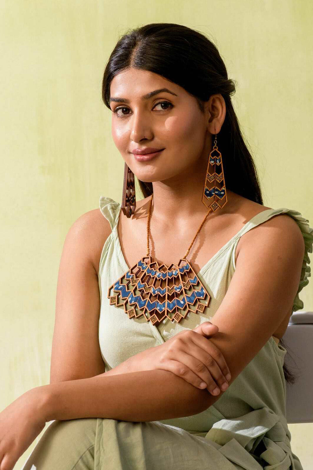 Abira | Chindi Fabric & Wood Necklace | Blue Kalamkari