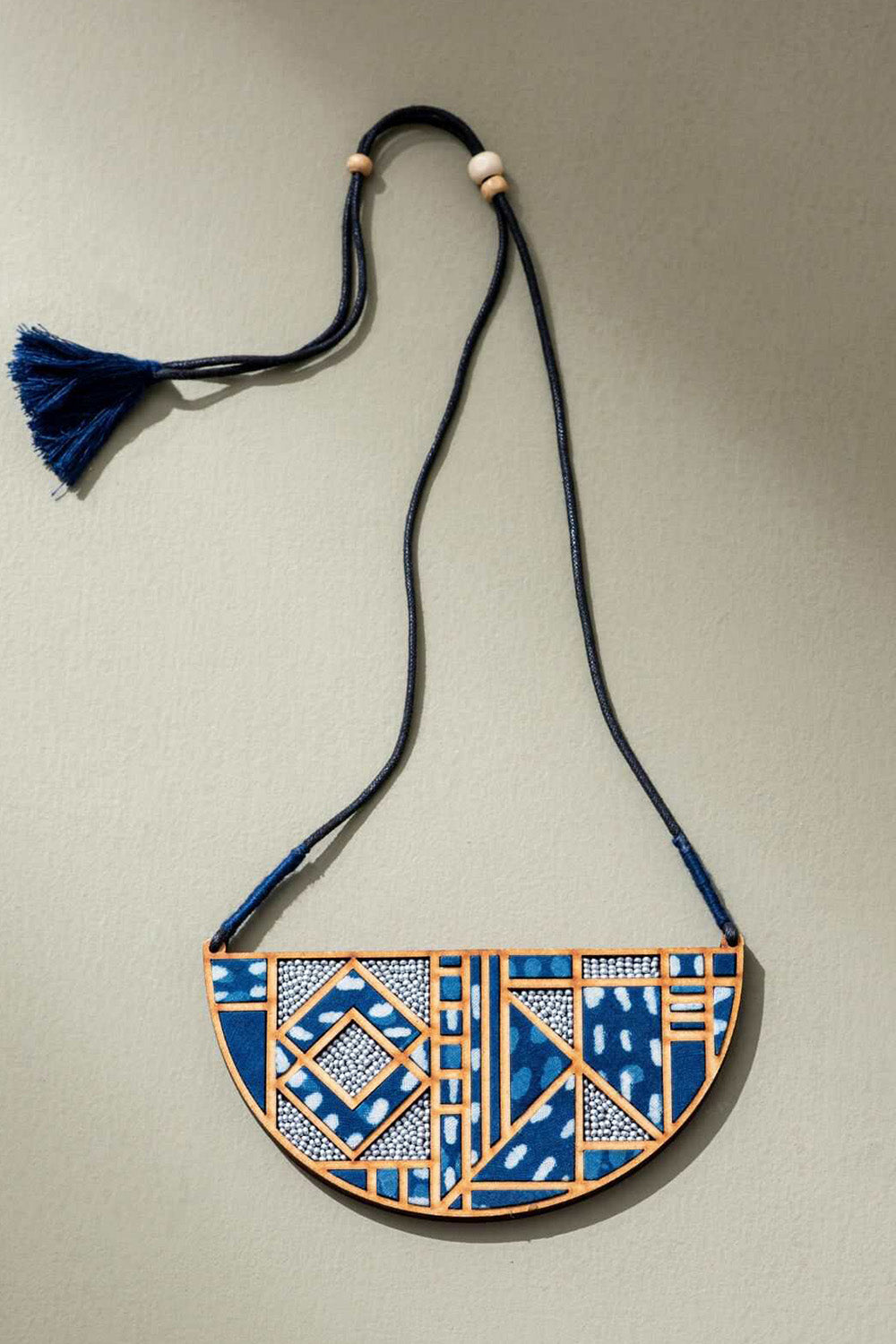 Abira | Chindi Fabric & Wood Necklace | Indigo