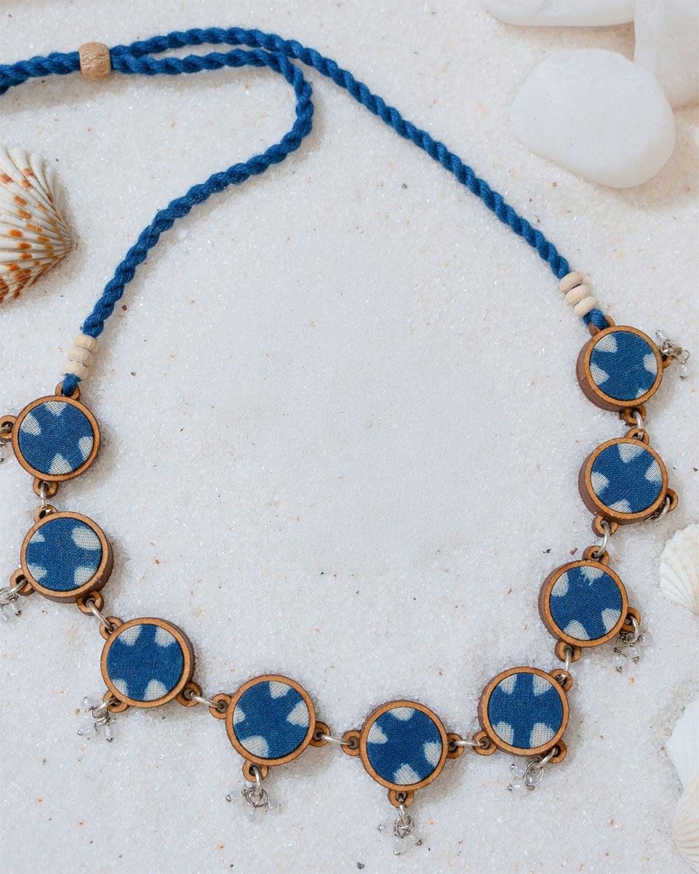 Abira | Chindi Fabric & Wood Necklace | Blue